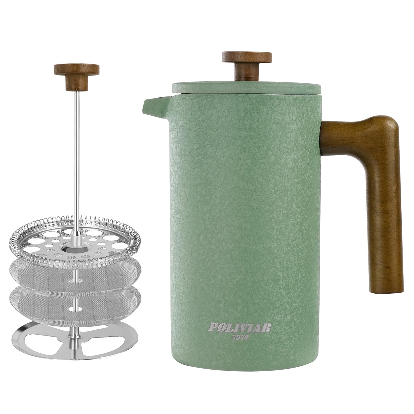 POLIVIAR Cafetiere 8 Cup, French Press Coffee Maker with Wood Handle, Double Walled Insulated Cafetiere &1 Extra Filter, Insulated 1L French Press for