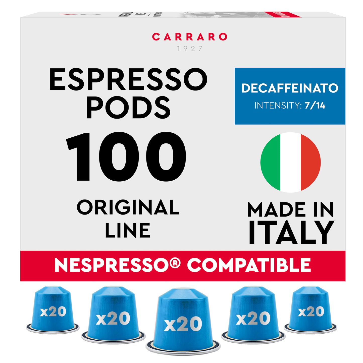 CARRARO 1927 Decaffeinato - 100 Aluminium Coffee Pods Compatible with Nespresso Original line - Intensity 7/14, Medium Roast Coffee Capsules Made in