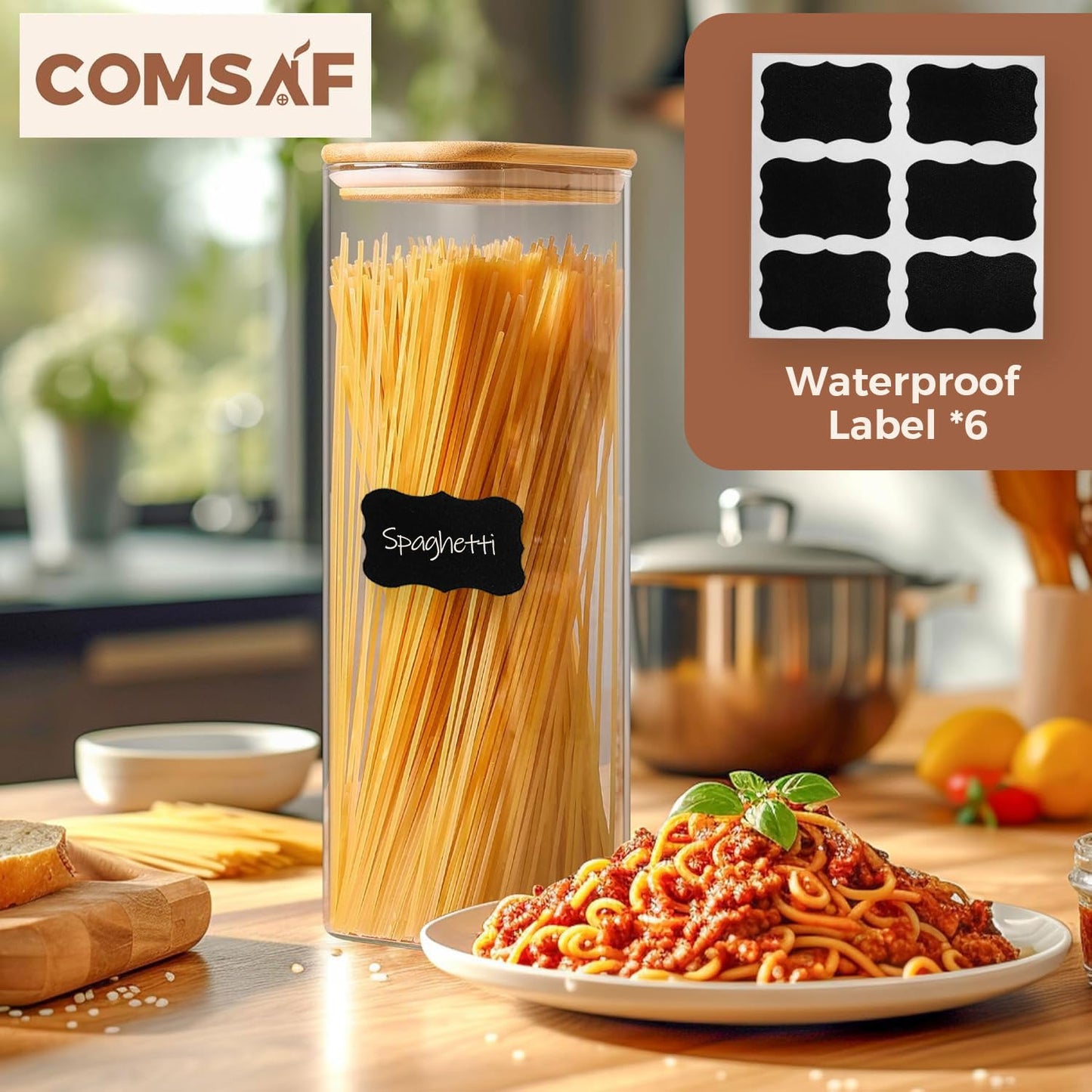 ComSaf 2100ml Rectangle Glass Storage Containers with Lids, Glass Jars with Bamboo Lids, Clear Food Storage Jar, Tall Spaghetti Container, Pantry