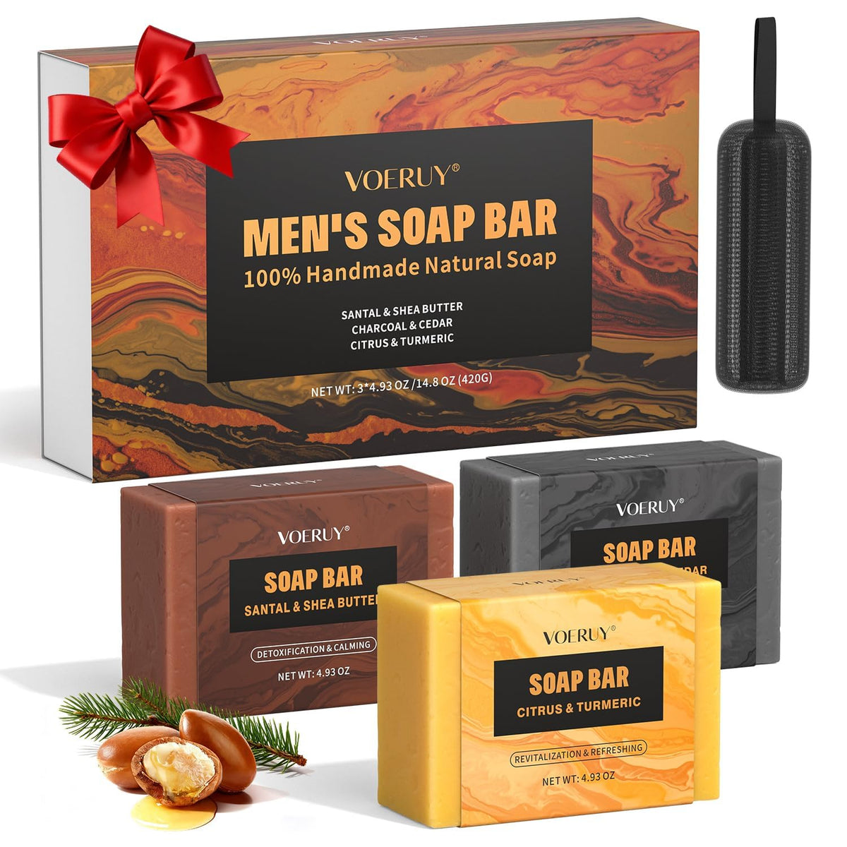 Mens Bar Soap Set, 3PC Natural Handmade Soaps for Face, Body, Hands & Shave, Deep Cleansing, Refreshing Bath Soap with Sandalwood & Bamboo Charcoal &
