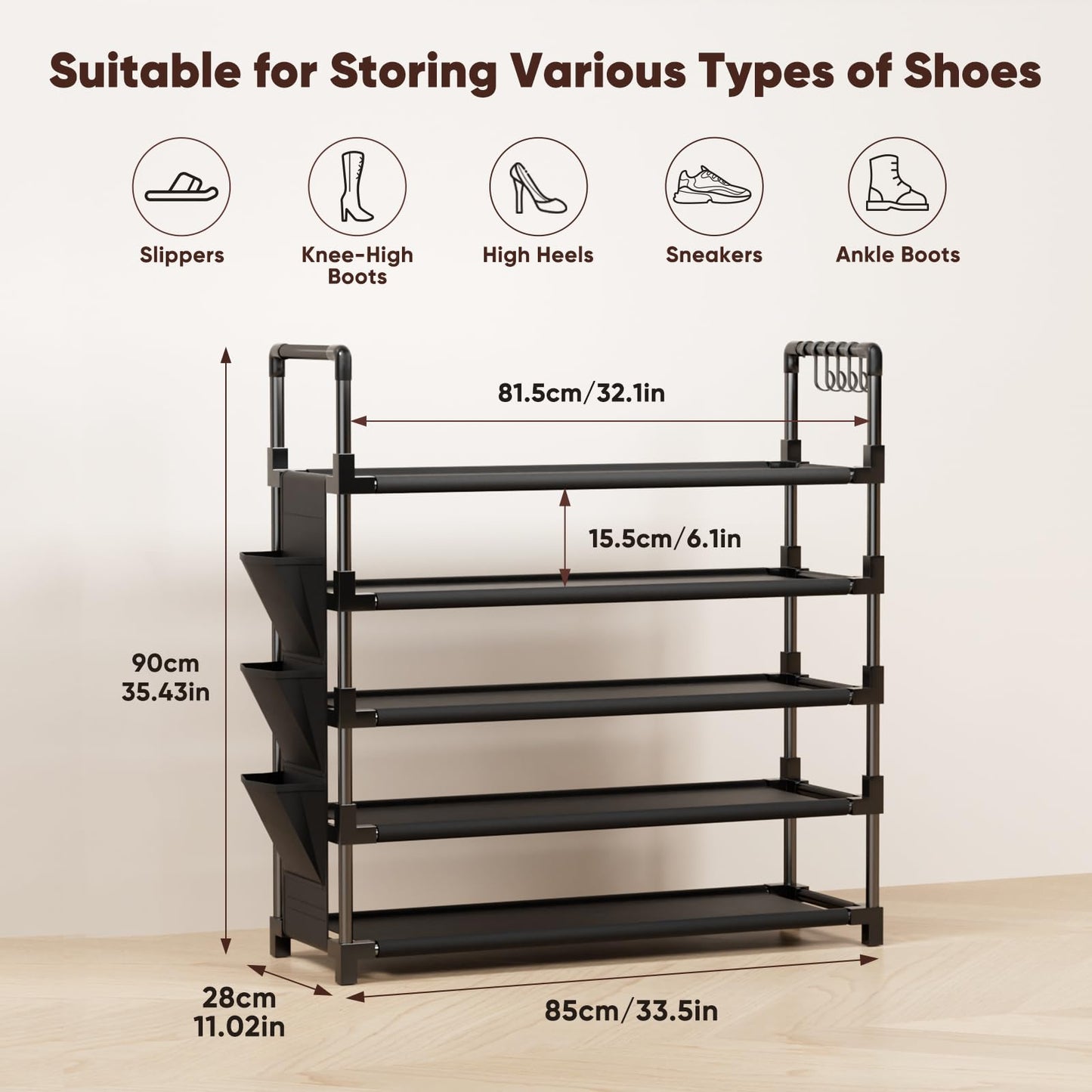 Mavivegue 5 Tier Metal Shoe Rack with 5 Hooks & 3 Side pockets