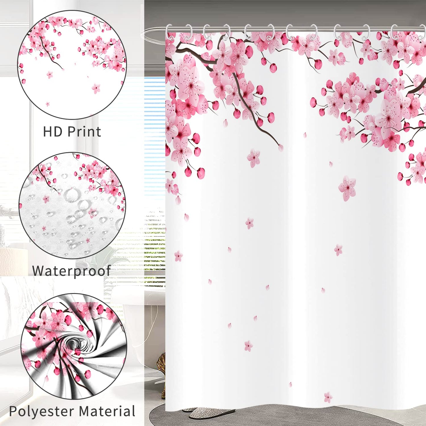 Hnmdmyi Cherry Blossom Shower Curtain 180x200, Pink Floral Shower Curtains Japanese Asian Style Sakura Art Bathroom Curtains with Hooks Waterproof