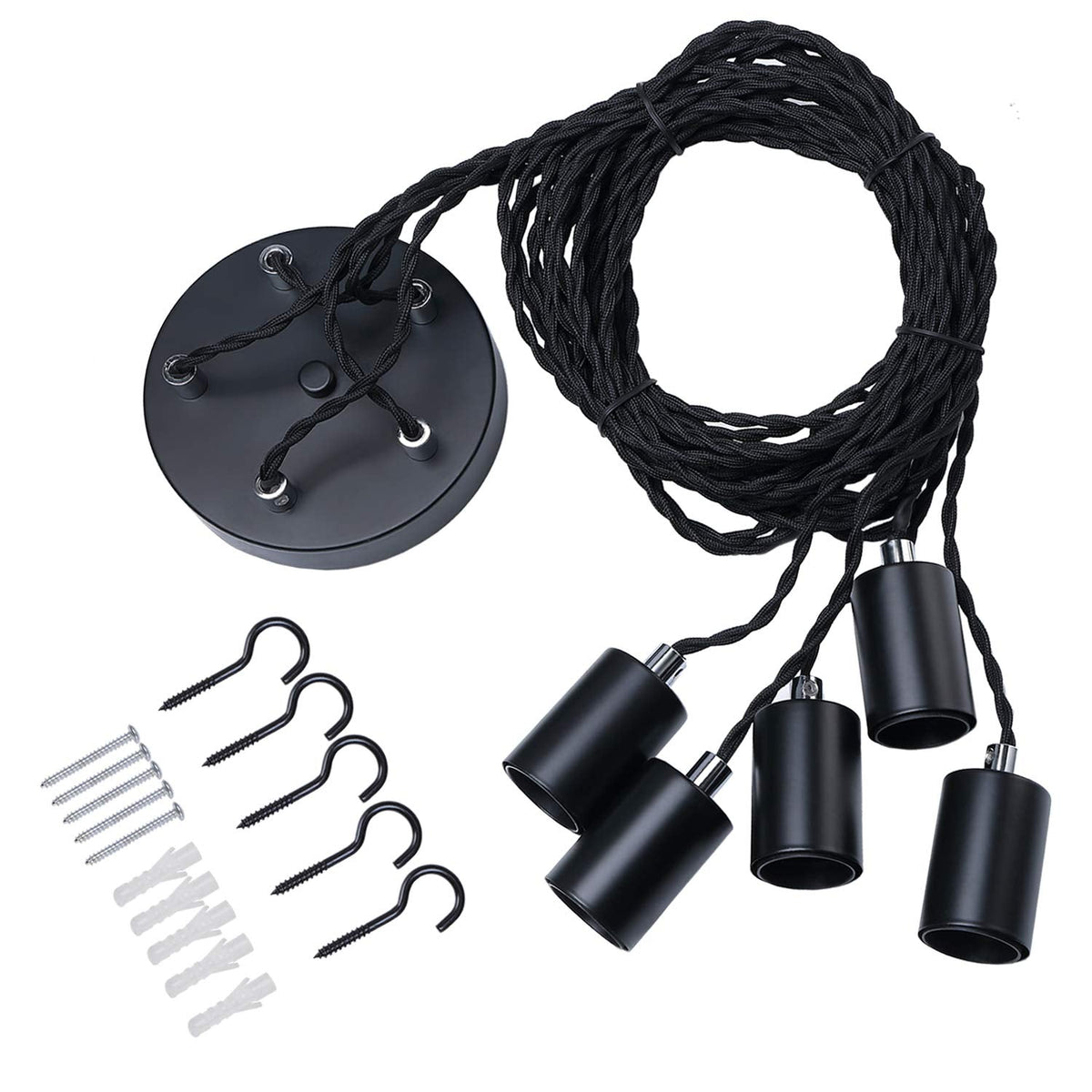 Black Industrial pendant light fitting, 5lights Spider Hanging light fitting with adjustable 3M twisted braided cable, Retro industrial Cluster