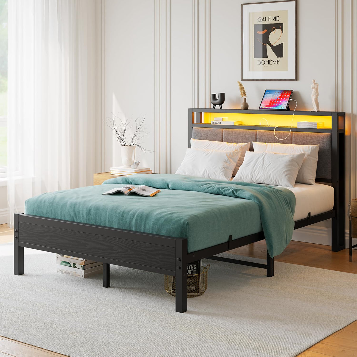 FOUBAM 4FT6 Double Bed Frame with LED Lights and Charging Station, Heavy Duty Metal Platform Upholstered Bed frame with Storage Fabric Headboard,Metal