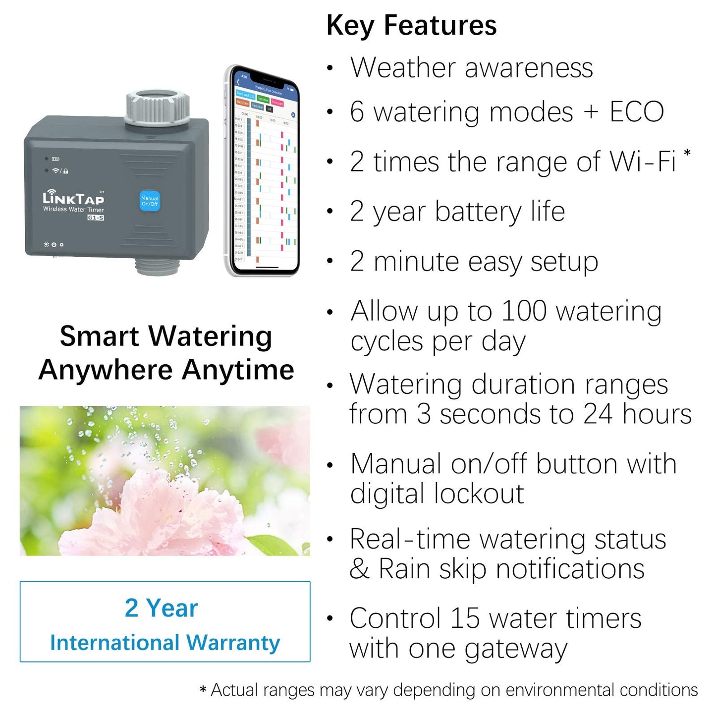LinkTap G1S Wireless Water Timer (Gateway Not Included), Smart Irrigation Controller for Lawns & Gardens, Easy Install, Weather Aware, Greater Range