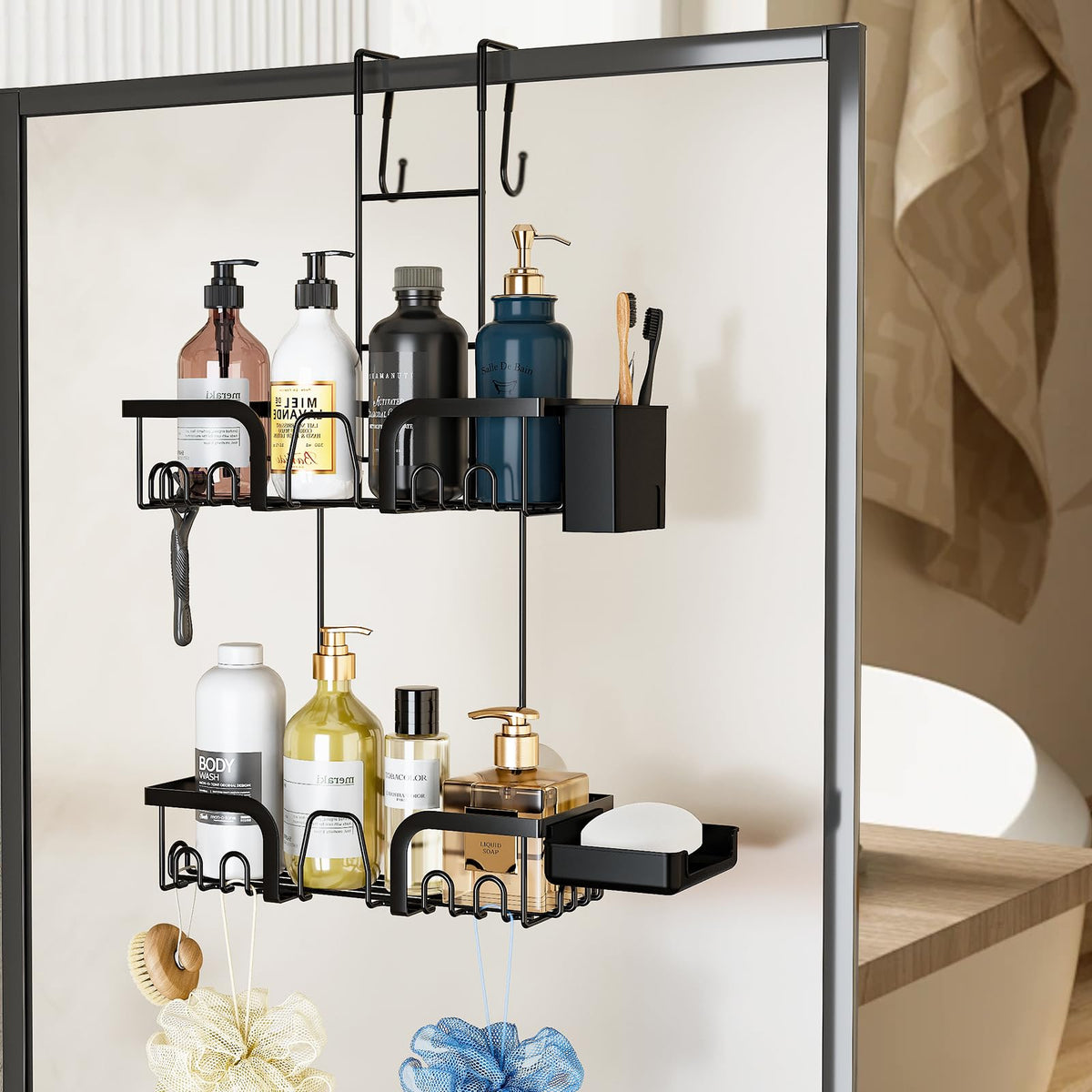 ANTREATU Shower Caddy Hanging - No Drilling over Door Shower Shelf with Soap Dish ? Toothbrush Holder, 2 Tier Rustproof Bathroom Caddy for Razor,