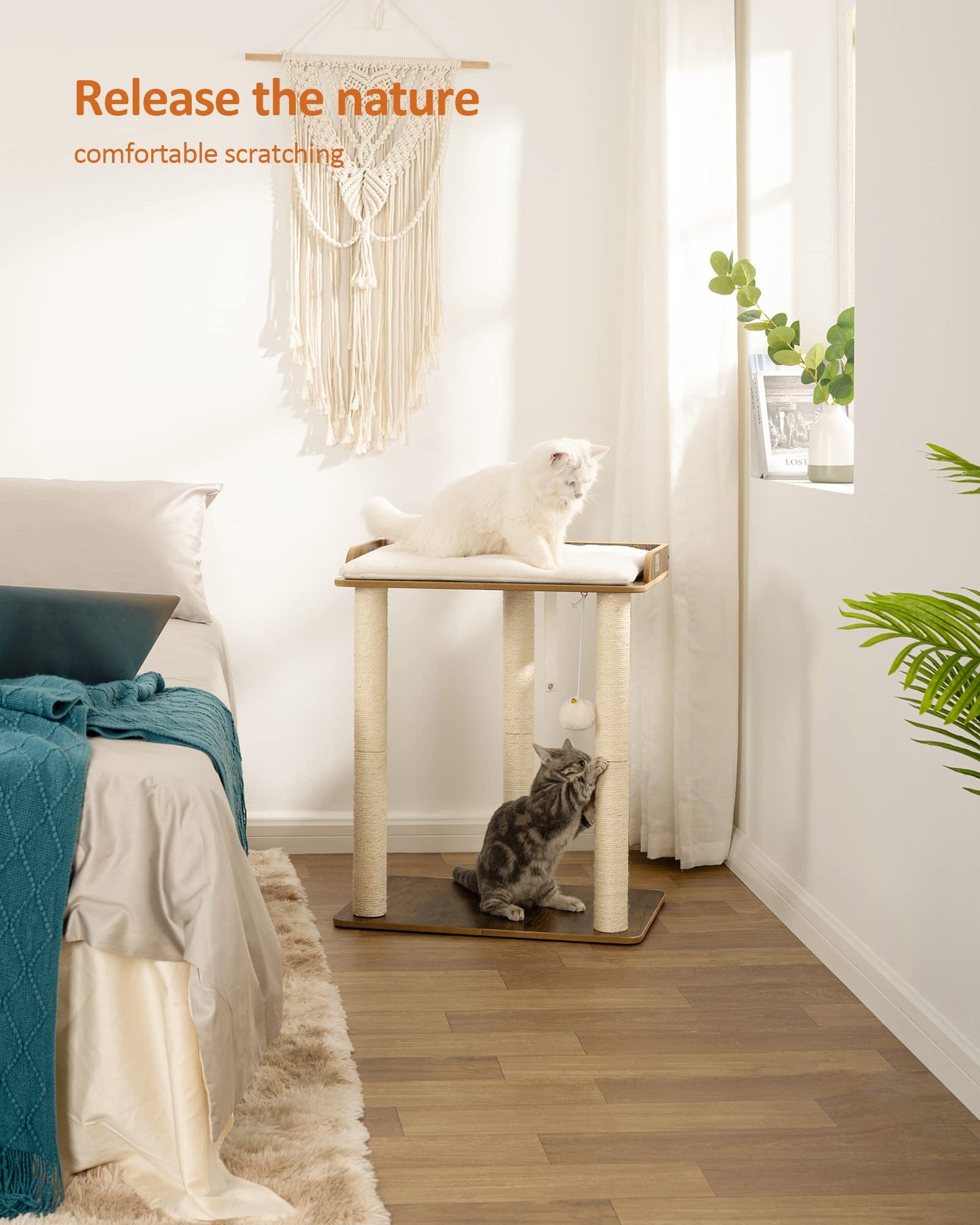FourFurPets Cat Scratching Post 68 cm High with Three 60 cm Full Sisal Scratching Posts 56 x 40 cm Platforms Vintage Brown