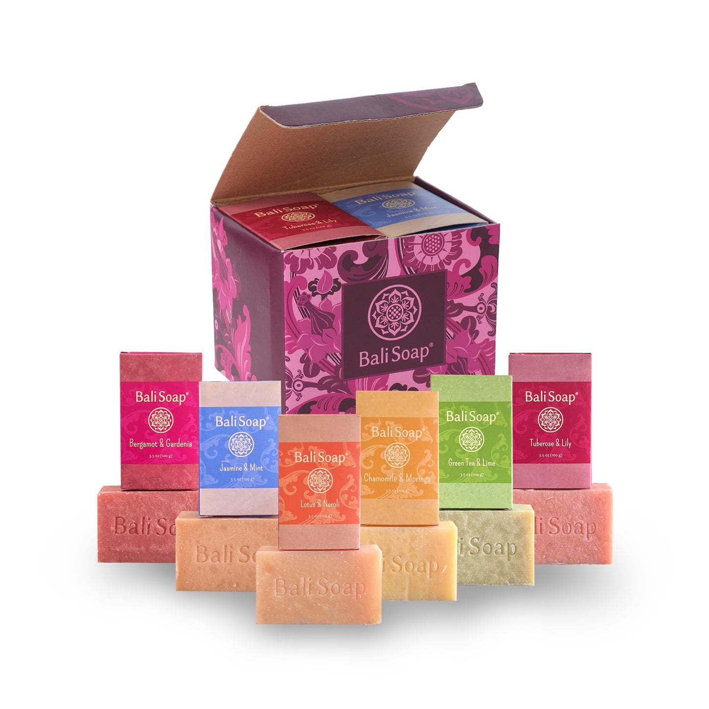 Bali Soap - Feminine Collection Natural Soap Bar Gift Set, 6 pc Variety Pack, Bergamot-Gardenia, Jasmine-Mint, Lotus-Neroli, Chamomile-Moringa,