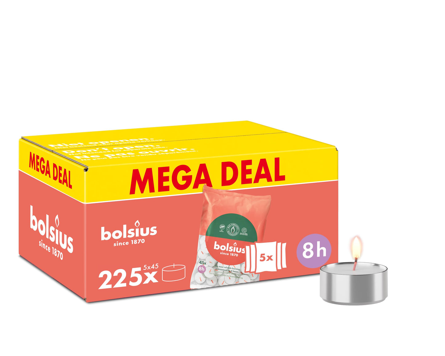 Bolsius - Bulk Pack Tea Lights - 225 Pieces - 8 Burning Hours - White - Contains Natural Plant Wax - Length Burning Time - Decorative Household