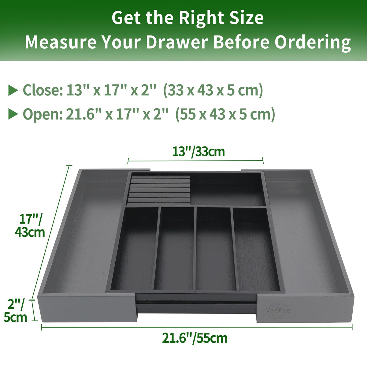 VaeFae Bamboo Silverware Drawer Organizer Kitchen, Expandable Utensil Holder and Cutlery Tray with Divider | 13"-21.6" Flatware Storage (Black)