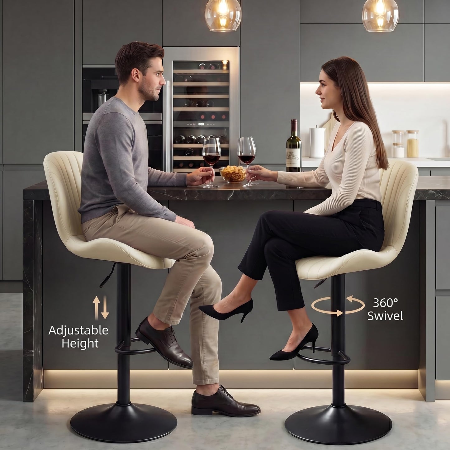 Bar Stools Set of 2, 360°Swivel Bar Chairs, Kitchen Dining Stools, Beige