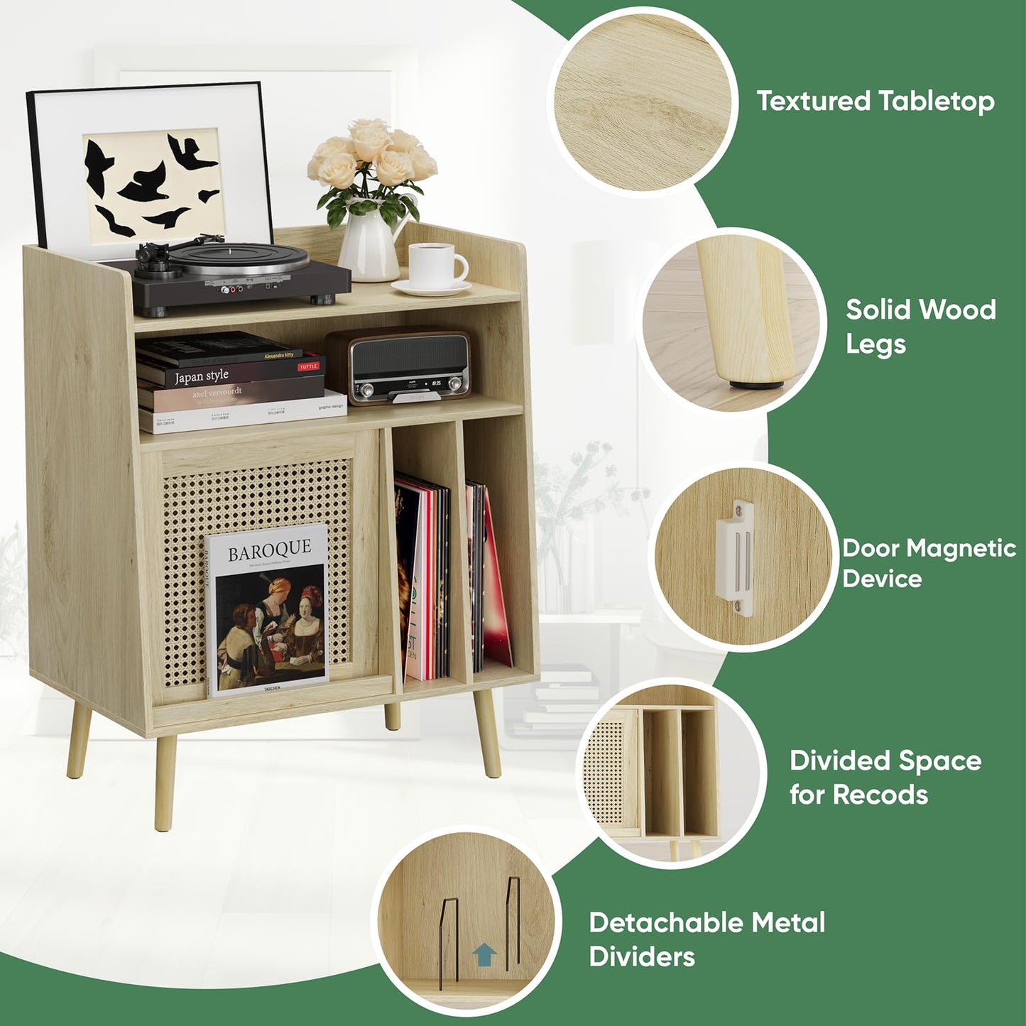 Kiasthome Vinyl Record Storage Cabinet, Large Record Player Stand with Open Shelf