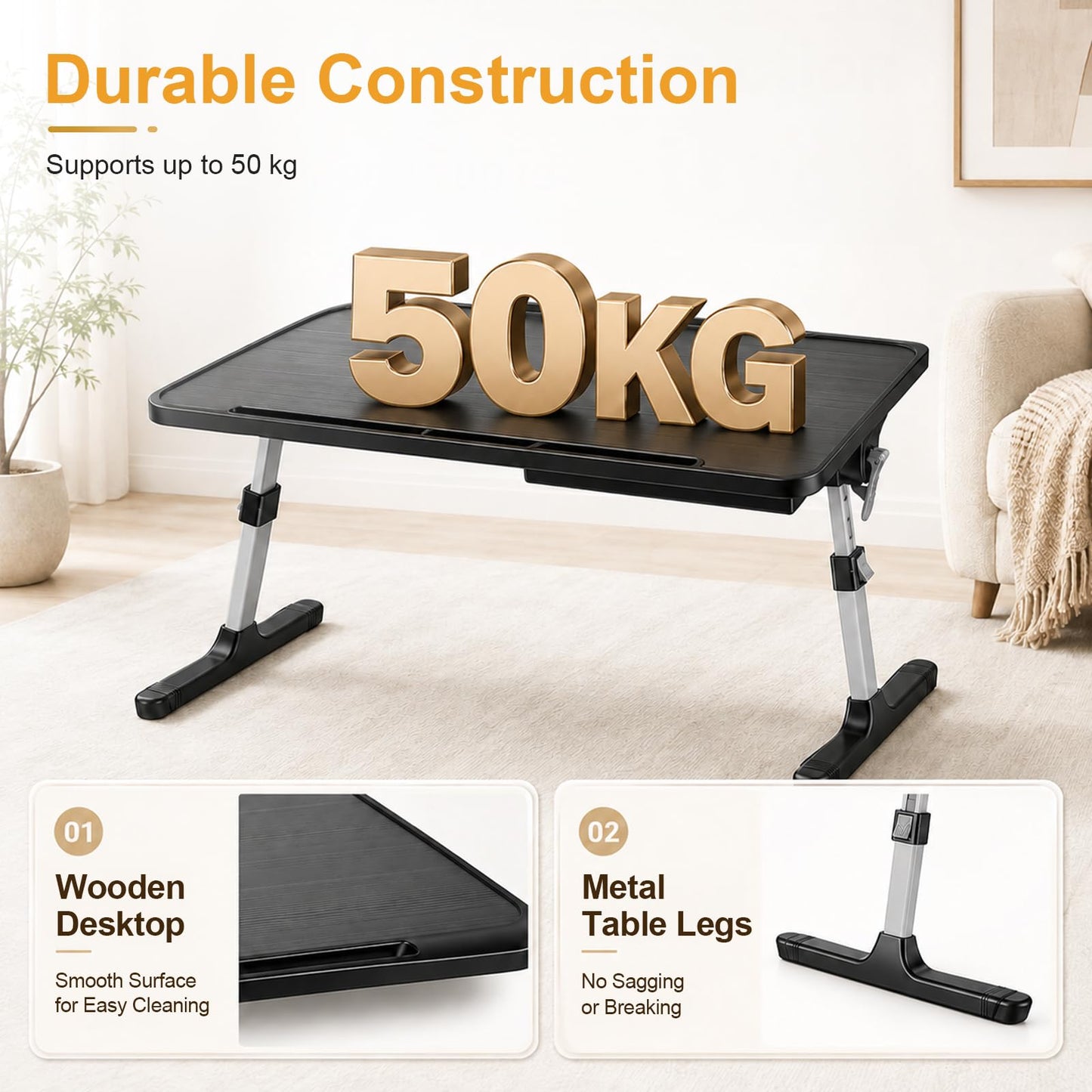 2-in-1 Bed Table & Lap Desk with Adjustable Height & Angle, Foldable Laptop Stand with Book Stand, Drawer & Edge Stopper, Ideal for Bed Desk