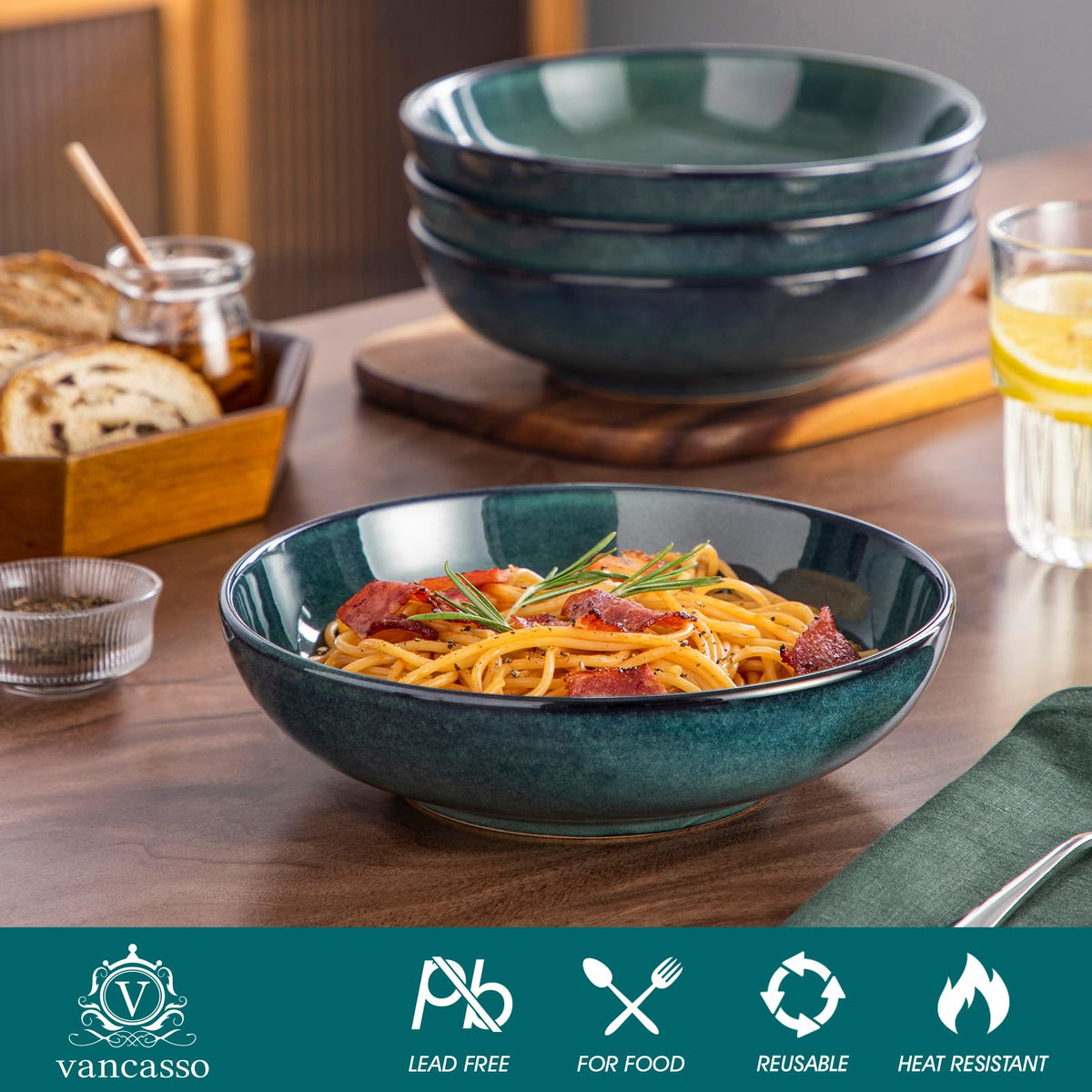 vancasso Stern 38 oz Ceramic Pasta Bowl Set of 4, Large Salad Bowls for Serving, Microwave Oven Safe Soup Bowls for Kitchen, Green Stoneware Bowl Set
