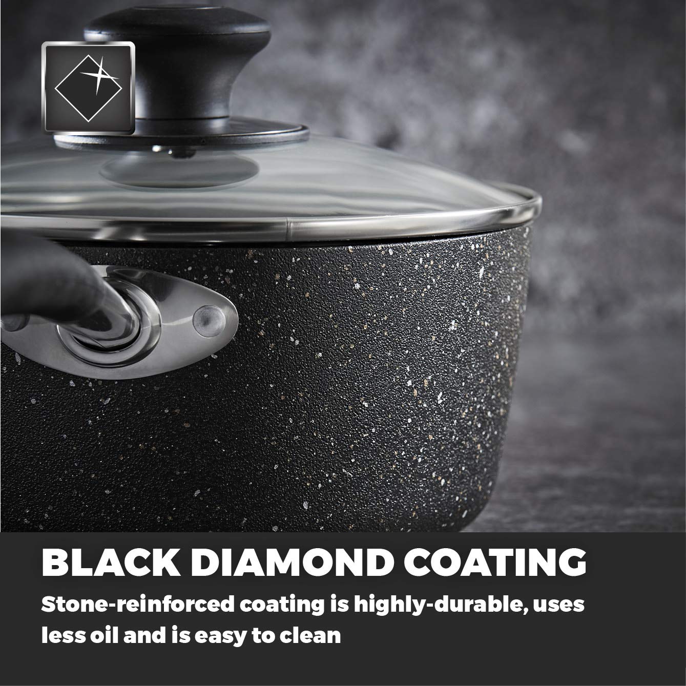 Tower T900110 Precision 5 Piece Non-Stick Forged Aluminium Pan Set with Black Diamond Coating, Soft Grip Handles, Black