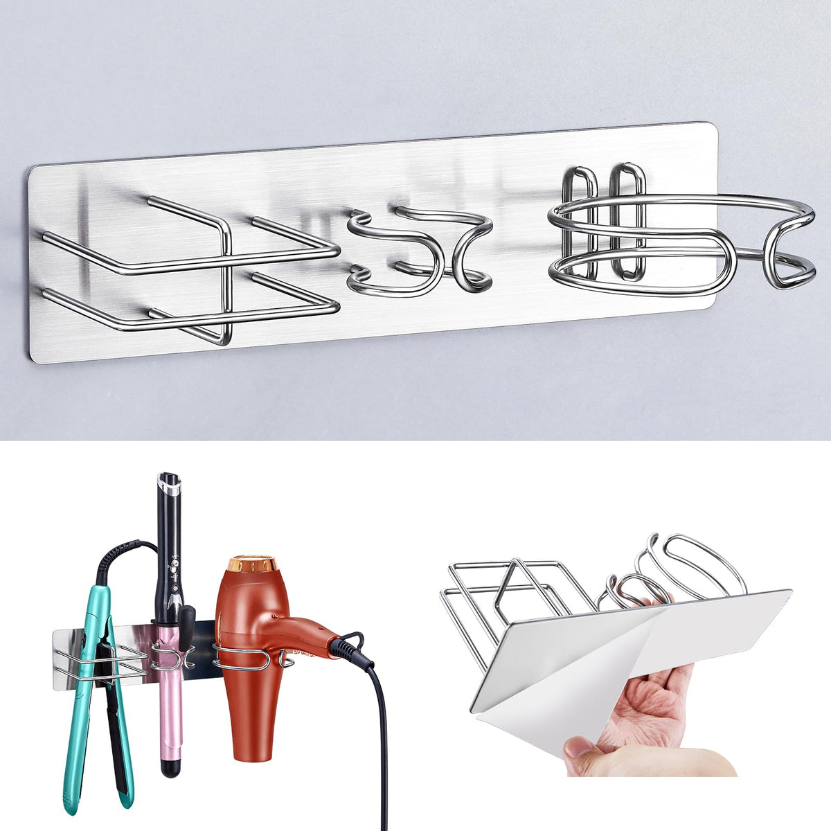 YYBO Hair Dryer and Straightener Holder Wall Mount Hair Dryer Holders, 3 in 1 Bathroom Hair Tool Organiser for Curling Iron, Straightener Hairdryer