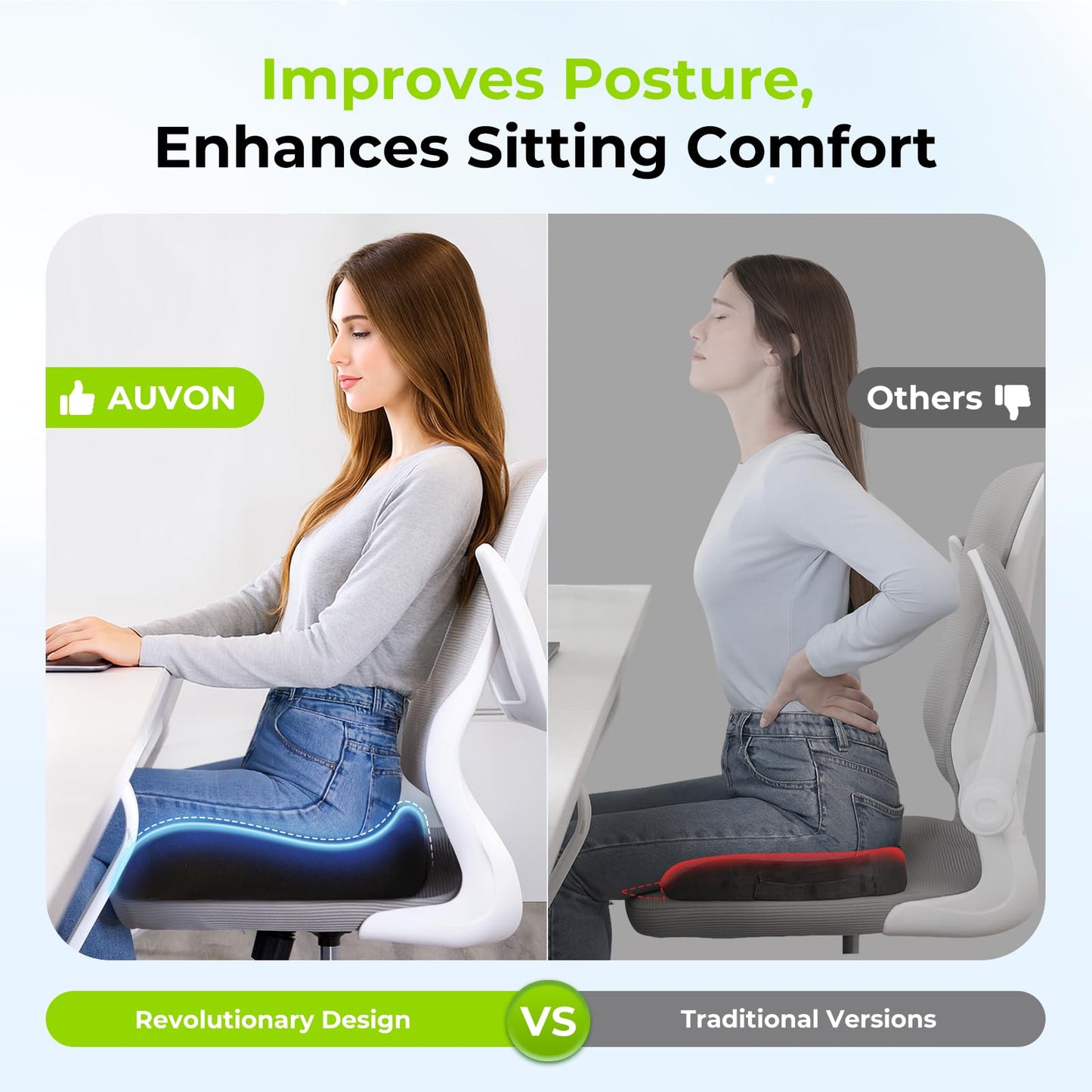 AUVON Contoured Seat Cushion for Tailbone Pain Relief, Sciatica Pressure Relief, Memory Foam Office Chair Cushion for Long Sitting Comfort