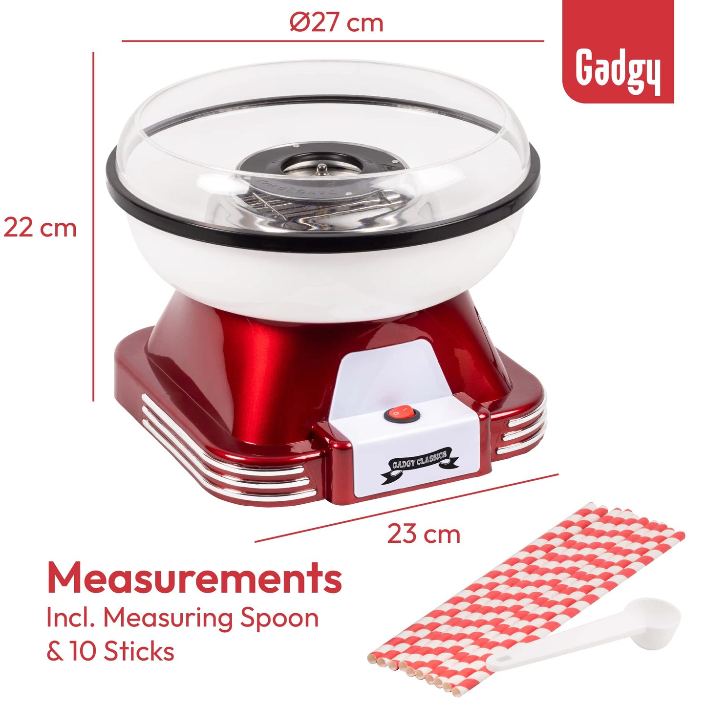 Gadgy Candy Floss Machine for Kids & Adults, Retro Cotton Maker, Suitable for Sugar or Candies, Including 10 Candyfloss Sticks, 500W, Red & White