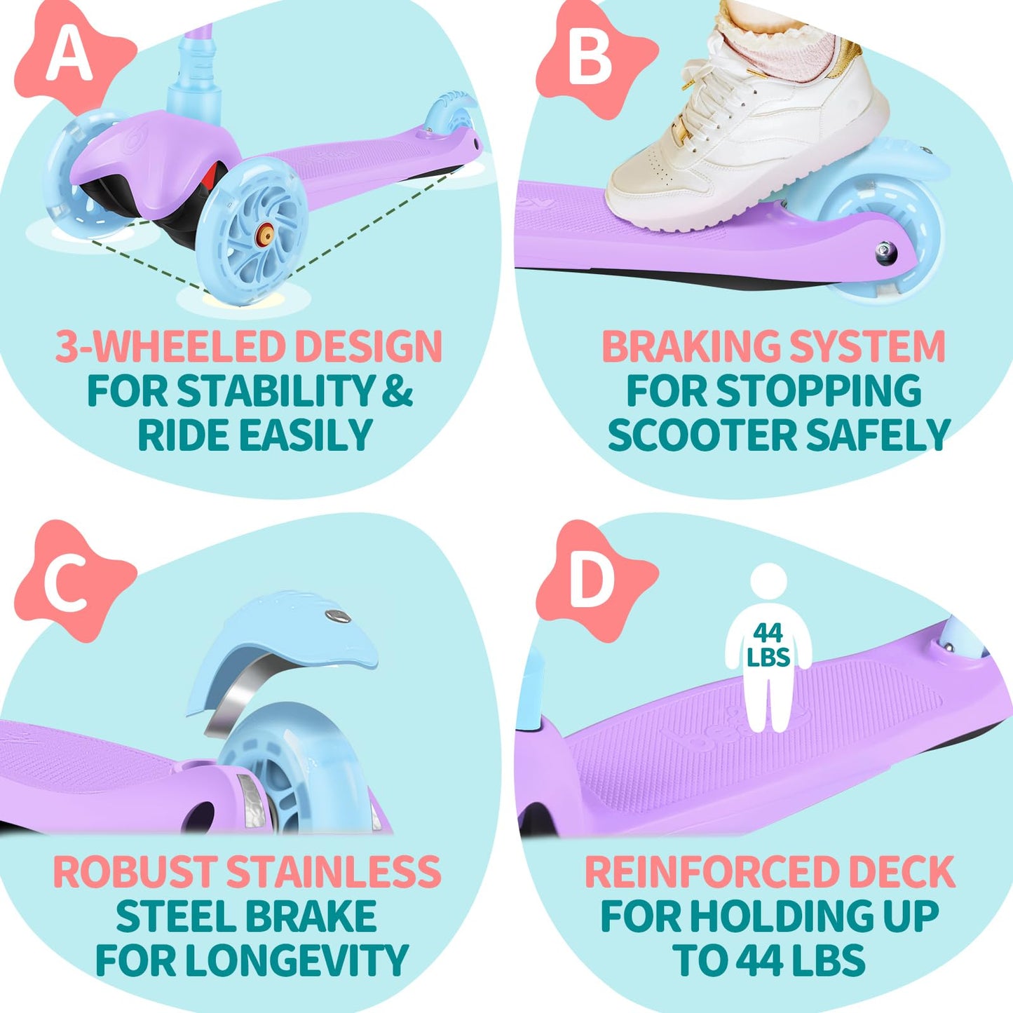 BELEEV Scooter for Kids Ages 2-6, 3 Wheel Scooter for Children Toddlers Girls Boys, Light-Up Wheels, 4 Adjustable Height, Lean to Steer, Non-Slip