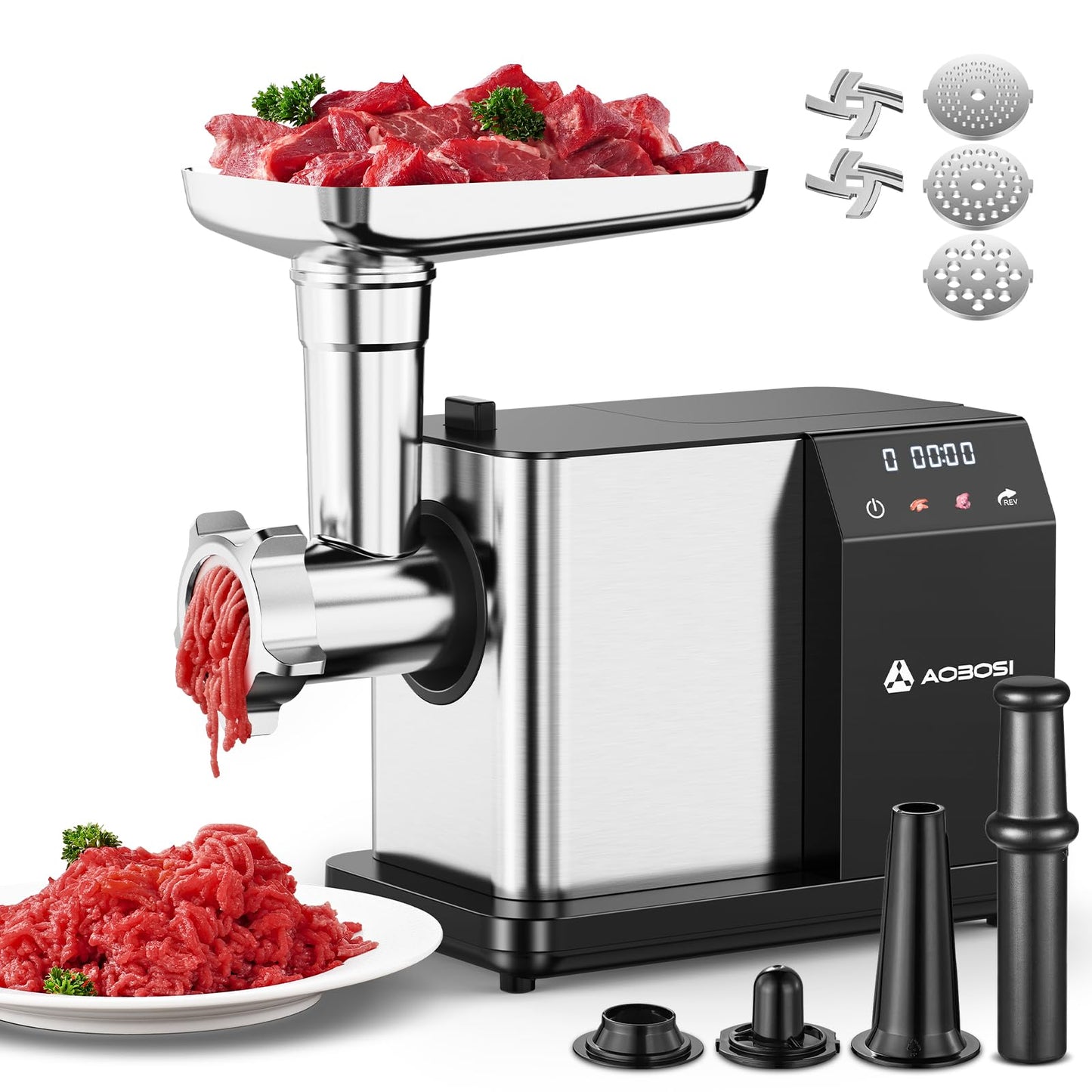 AAOBOSI Electric Meat Grinder [3000W MAX], Meat Mincer with LCD Display & Reverse Function, Sausage Maker with 3 Different Cutting Plates & Kibbe