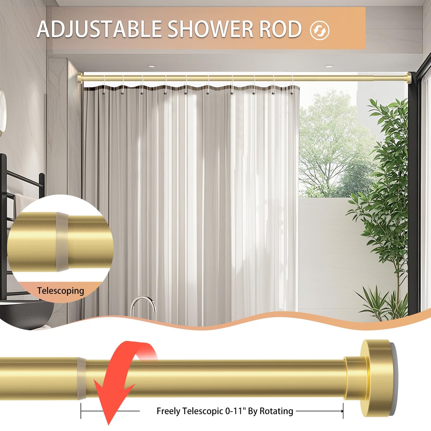 Emlaoe Gold Shower Curtain Rod 34-66 Inches(2.8-5.5ft) Never Rust Adjustable Shower Rod Spring Tension Non Slip No Drilling Shower Rods for Bathroom