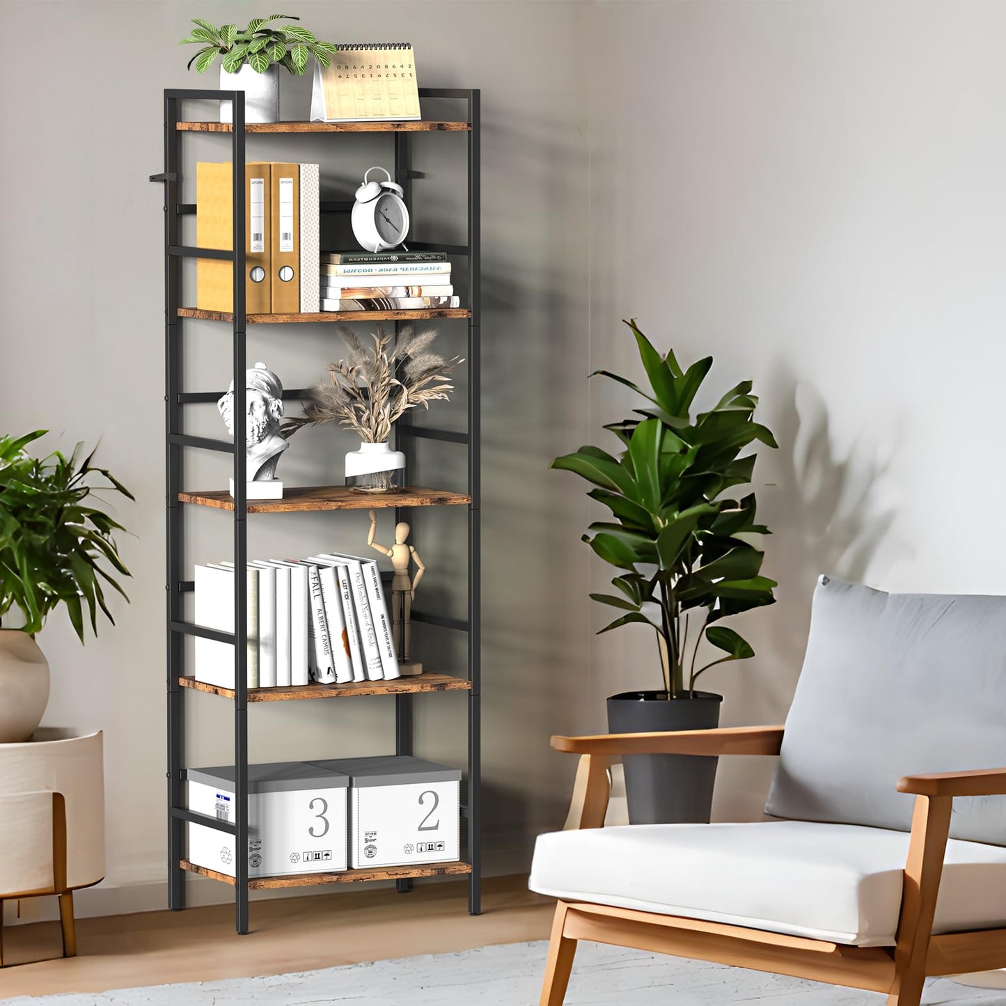 CADUKE 5 Tier Bookshelf, Rustic Brown and Black Storage Rack
