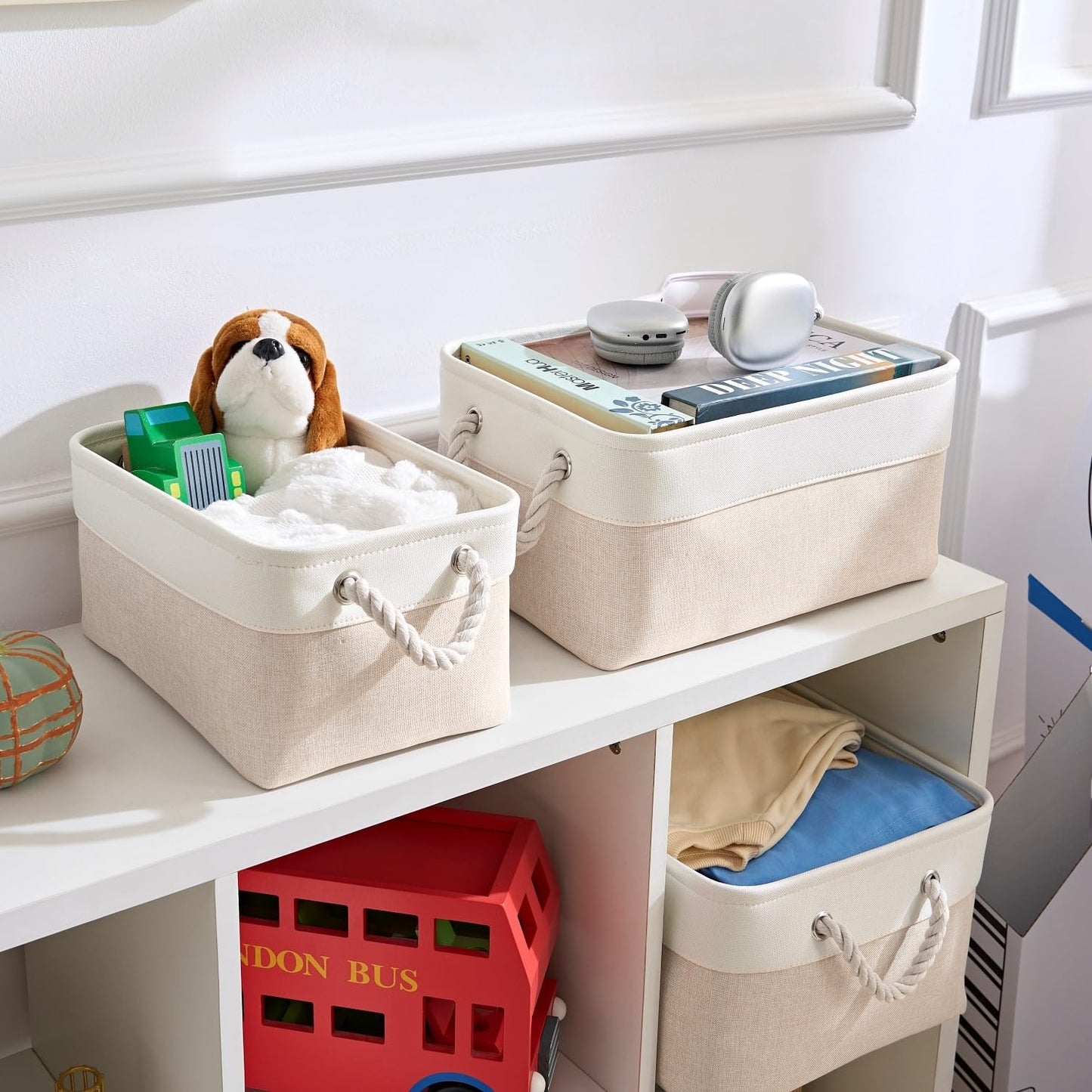 Mangata Small Storage Box, Thickened Fabric Storage Basket with Handles for Shelves Toy (S, 4 Pack)