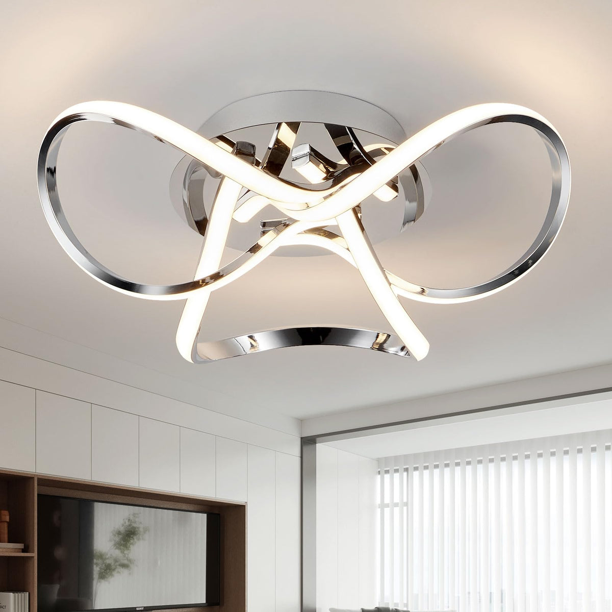 AUROLITE AL1015D Contemporary LED Chrome Semi Flush Ceiling Light, 12W 2200LM, Dimmable, 3000K Warm White, Modern Swirl Design, Ideal for Lounge,