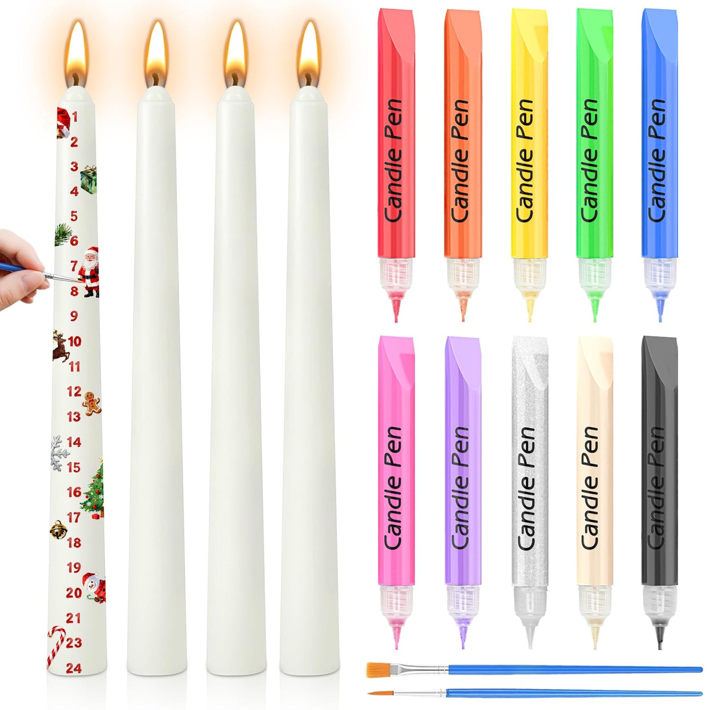 Bolosa Candle Painting Kit to DIY Advent Candles Christmas, Includes 4 Pcs 10'' White Taper Candles with 10 Colours Candle Pens and 2 Pcs Paint