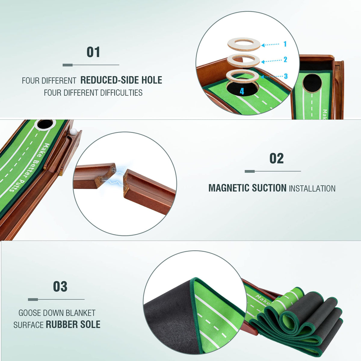 ToVii Putting Green - Indoor/Outdoor Golf Practice Mat with Auto Ball Return, 3 Holes