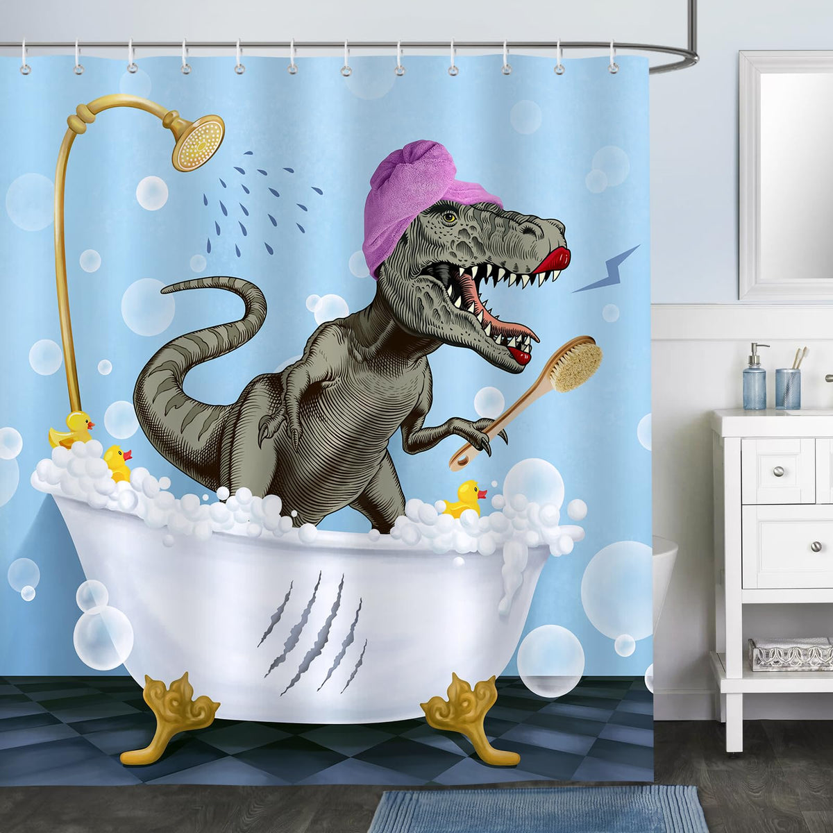 Bonhause Funny Dinosaur Shower Curtain Dino Bubbles in Bathtub Bathroom Curtain 180 x 180 cm Waterproof Mildew & Mould Resistant Polyester Fabric Bath