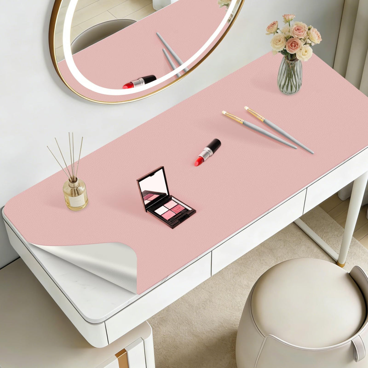 Dressing Table Mat Protector for Makeup Vanity, 80x40cm, Pink and Silver