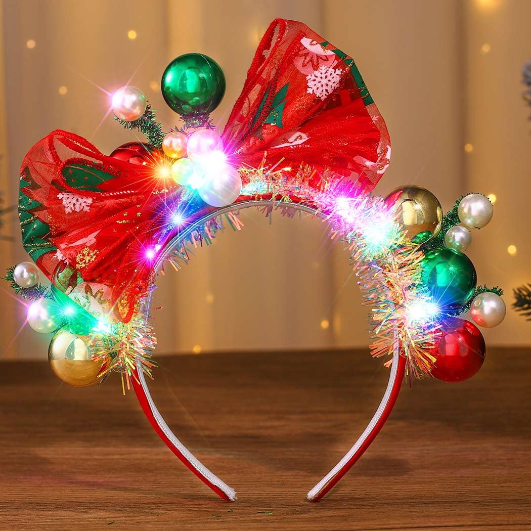 Fashband Christmas Headbands LED Bow Headband Light Up Ball Xmas Headpiece Hair Accessories for Women