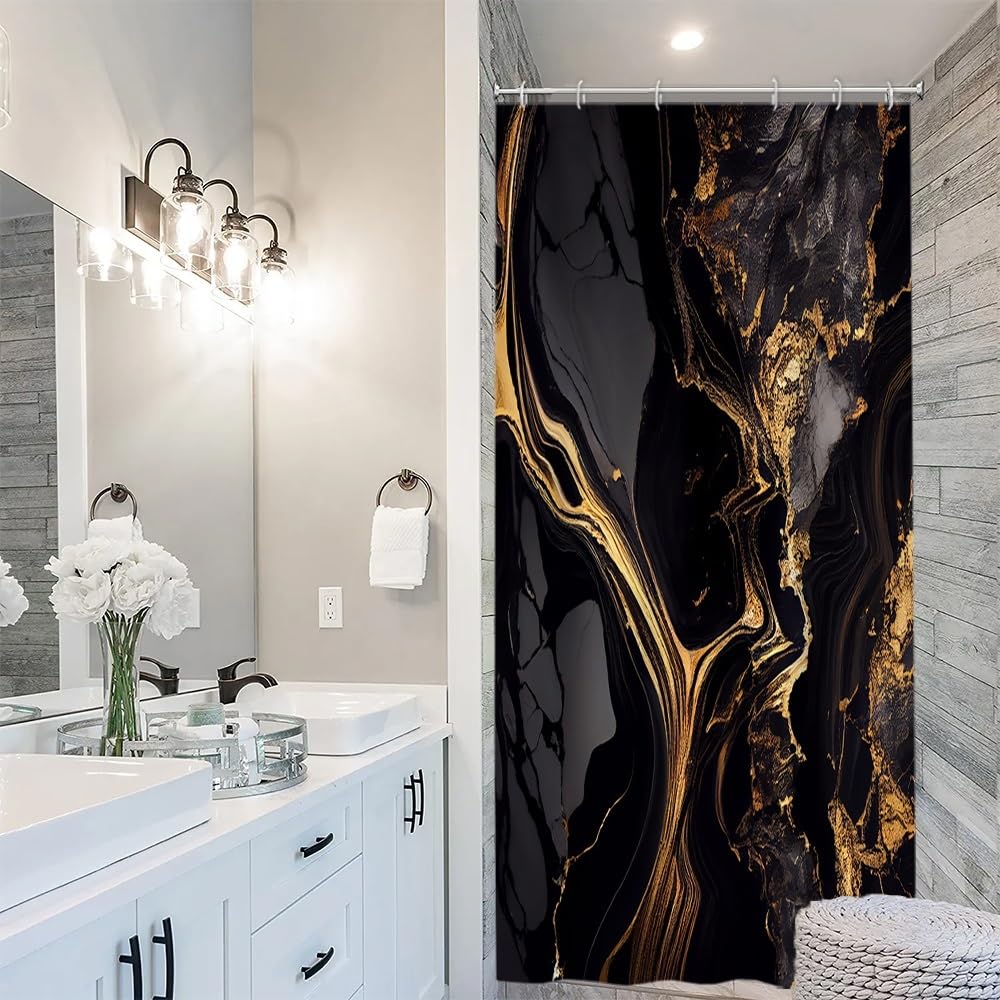 Uiiooazy Black Gold Shower Curtain, Stall Shower Curtain Abstract Grey Marble Effect Bath Curtain Anti Mildew Waterproof Polyester Fabric Washable