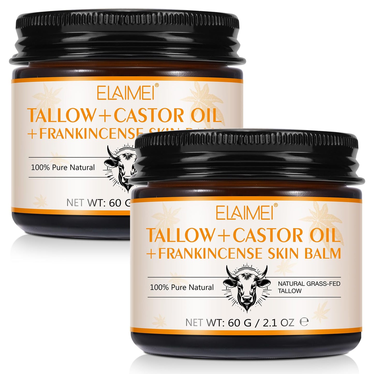 2Pack Tallow, Castor Oil and Frankincense Oil Skin Balm, 100% Grass-Fed Tallow for Face & Body Moisturizer, Deep Moisturizing Cream, Moisturizer for