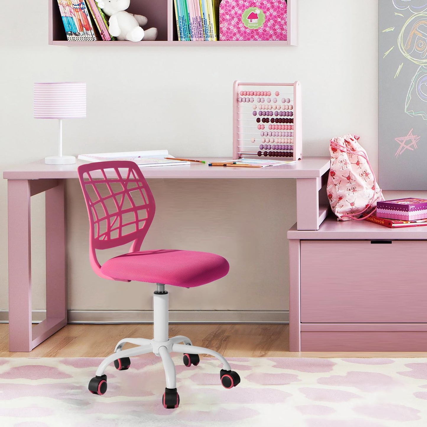 FurnitureR Ergonomic Adjustable Height Turner Rolling Computer Executive Chair for Home Office Study Pink Plastic 38 cm x 39 cm x 75-85 cm