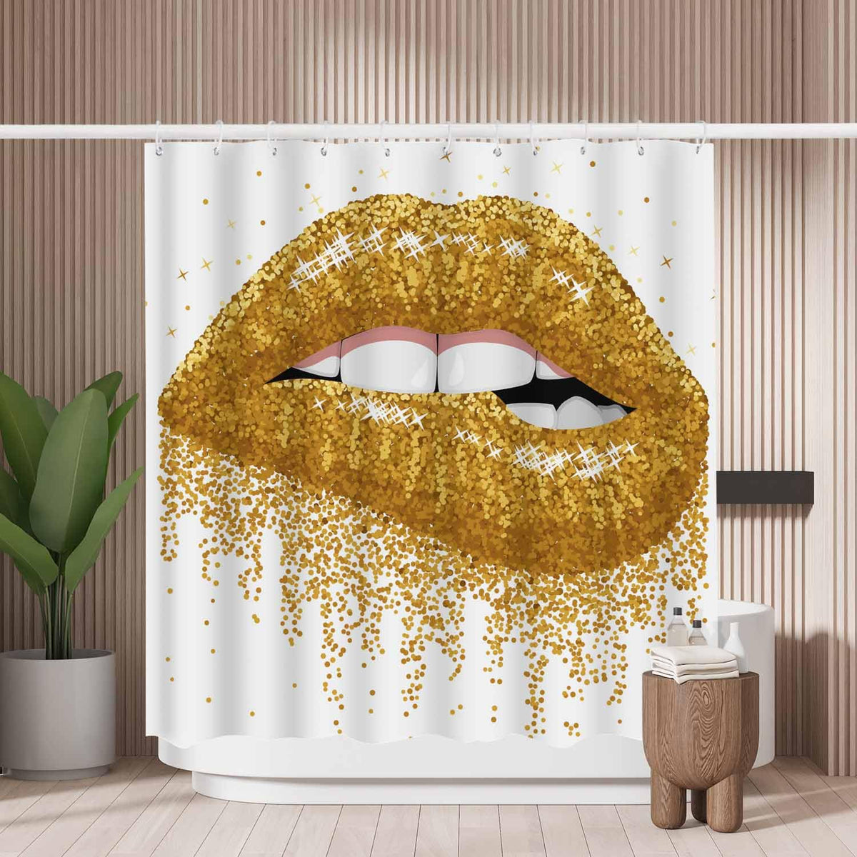 Woutay Shower Curtain Mould Proof Resistant Golden Lips,Water Repellant Fabric,Polyester,with 12 Plastic Hooks