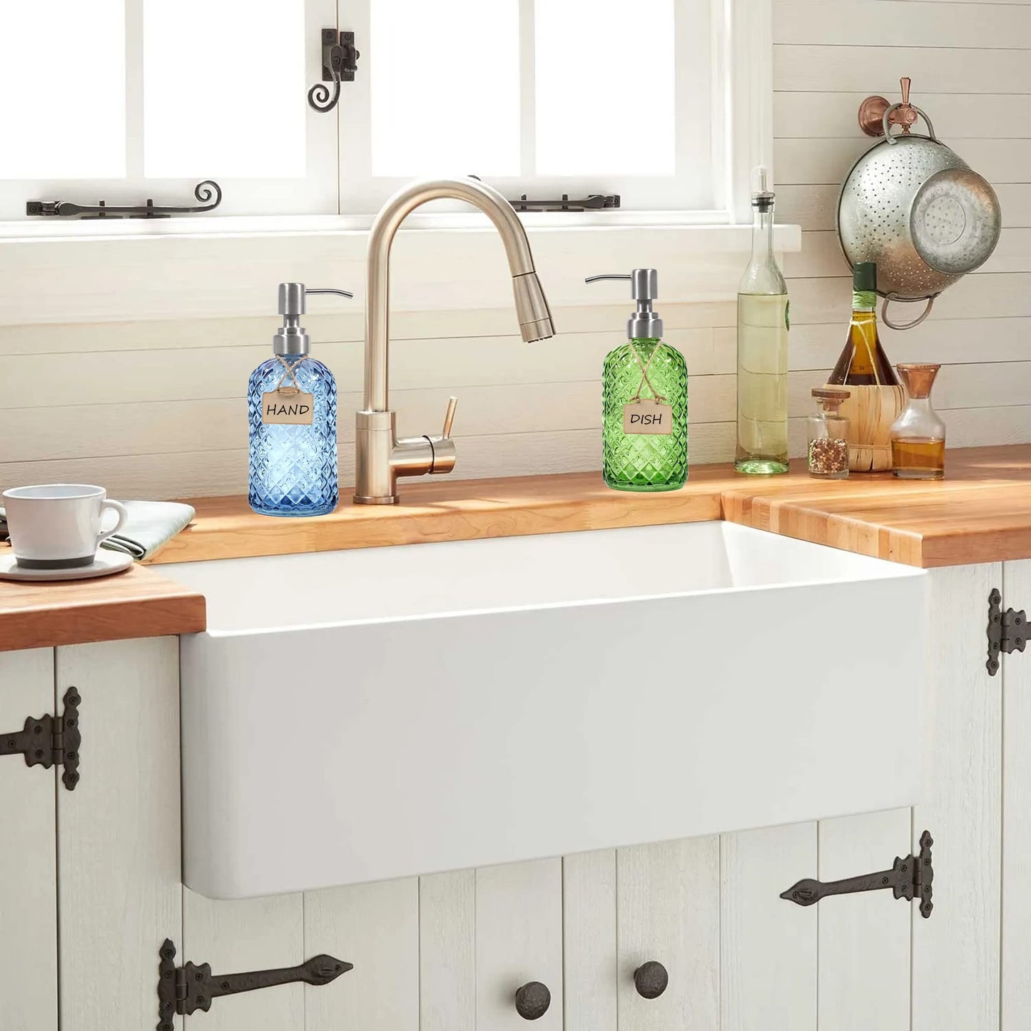 Funly mee Bathroom & Kitchen Glass Hand and Dish Soap Dispenser with 304 Rustproof Stainless Steel Pump (Blue)