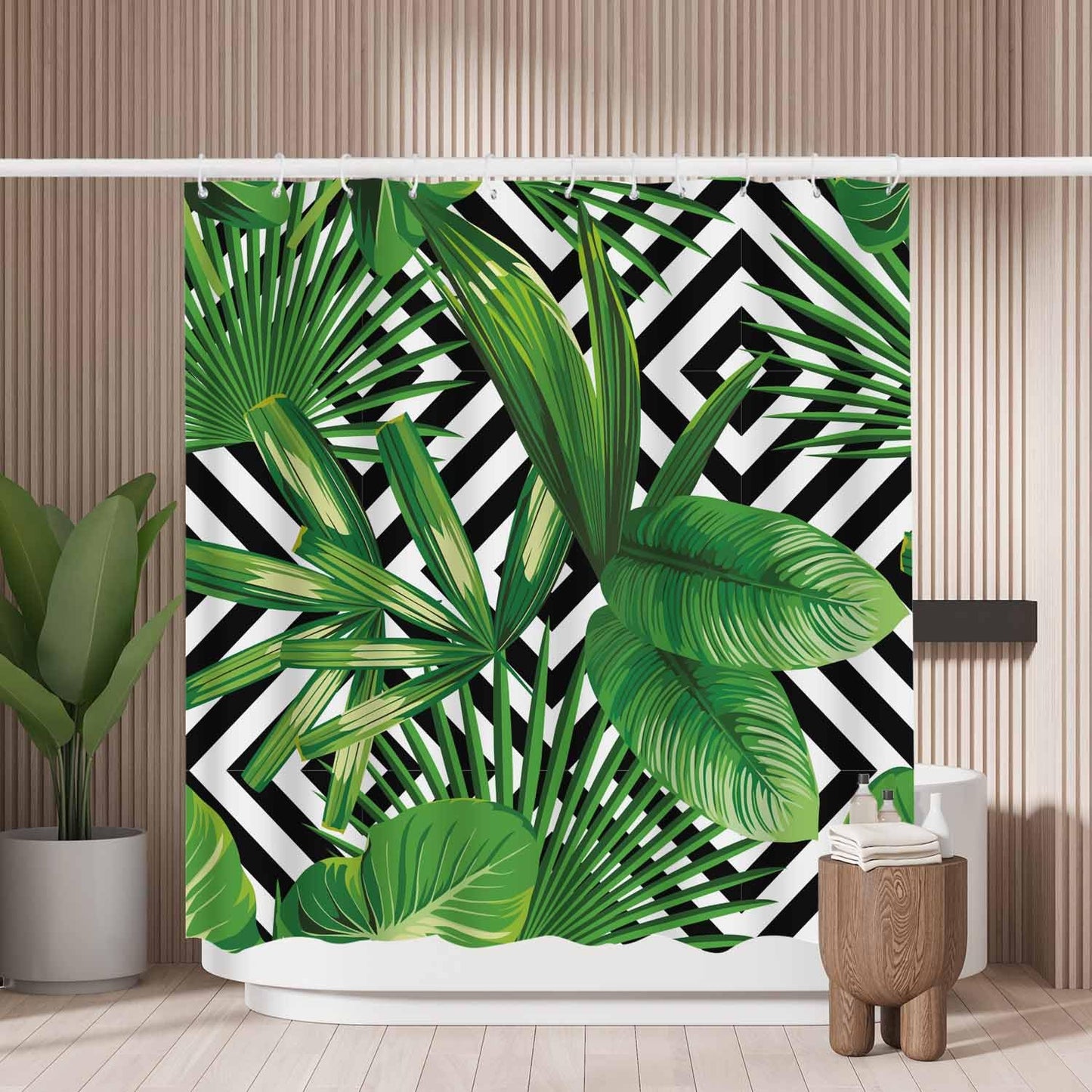 Woutay Shower Curtain Mould Proof Resistant Green Palm Leaves,Water Repellant Fabric,Polyester,with 12 Plastic Hooks