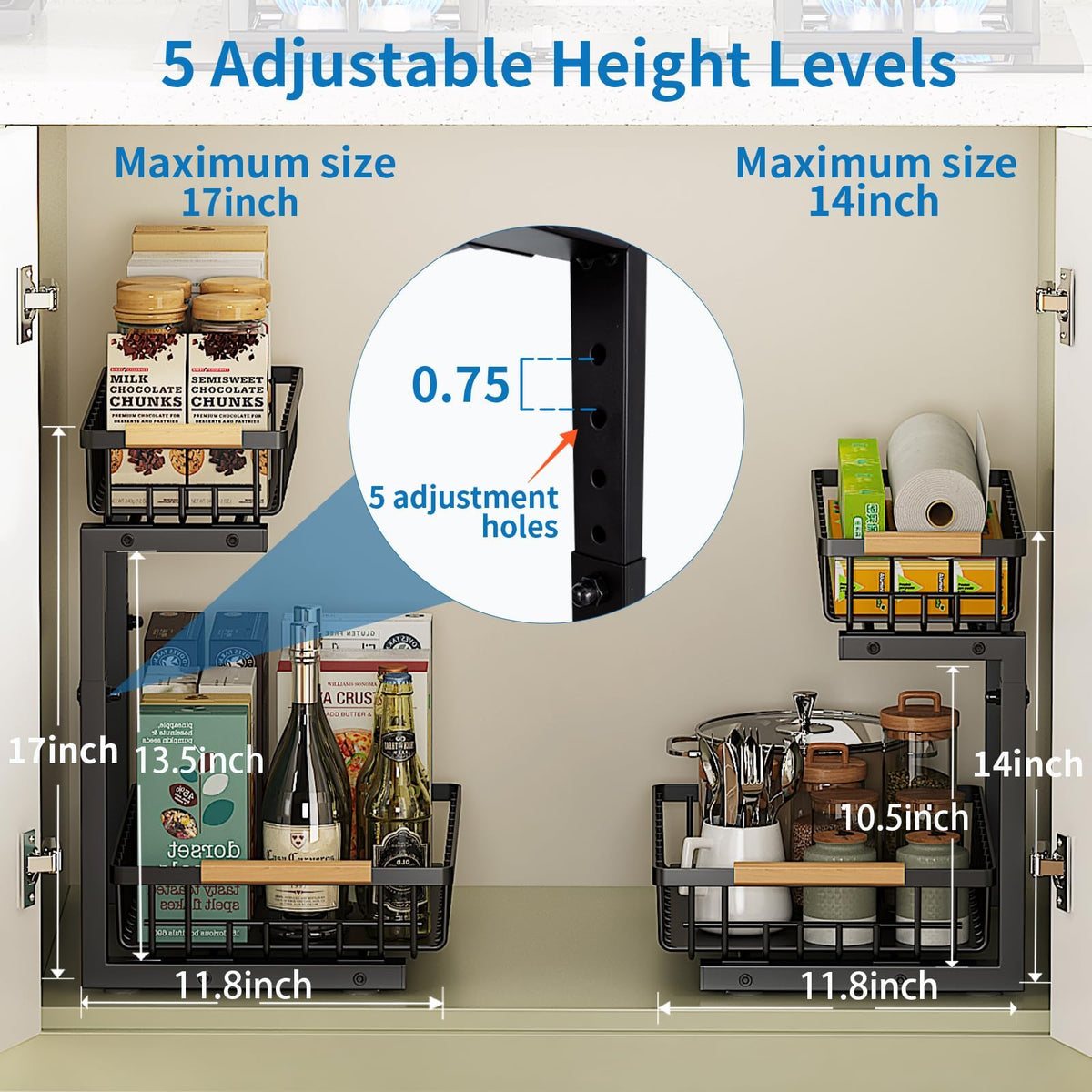 Kitchen Storage & Organisation, 2 Pack Under Sink Storage, Two Tiers of Pull-Out and Freely Adjustable Height Under Sink Organiser, Beautiful and