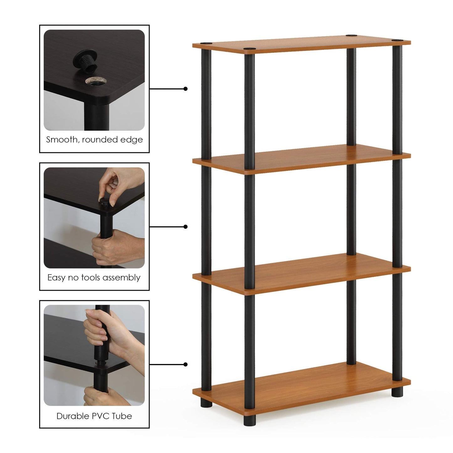 Furinno TURN-N-TUBE Storage Shelves, 4-Tier Book Shelf, Corner Shelf, Toolless Open Shelves, for Organization and Storage, Living Room, Bedroom