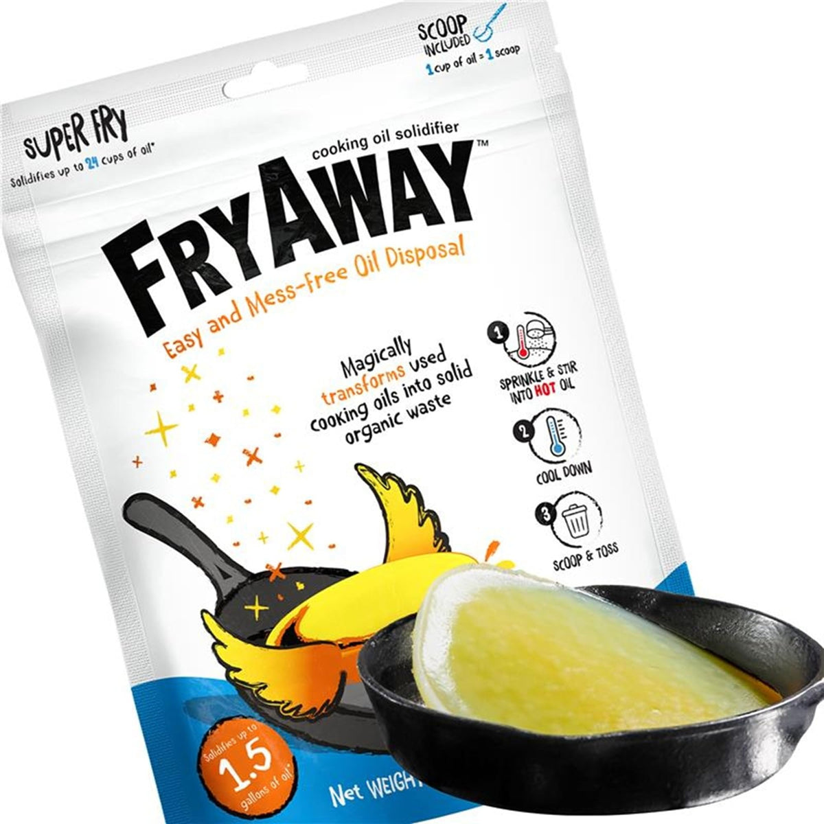 FryAway Super Fry Cooking Oil Solidifier Powder, 100% Plant-Based Waste Oil Disposal, Solidifies Up to 20 Cups (5 Litres), Easy & Eco-Friendly Fat Oil