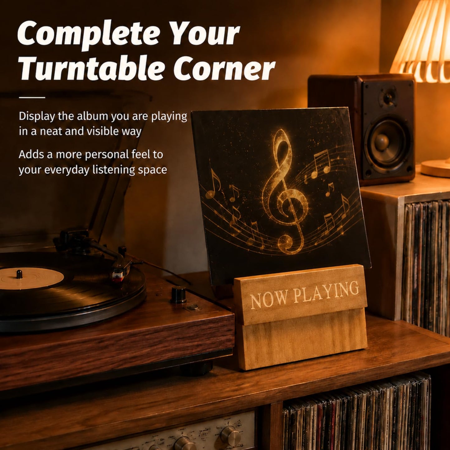 PAXQNVTR Now Playing Vinyl Stand, Wooden LP Record Display Holder for Turntable Setup, Brown Album Cover Stand for Vinyl Lovers