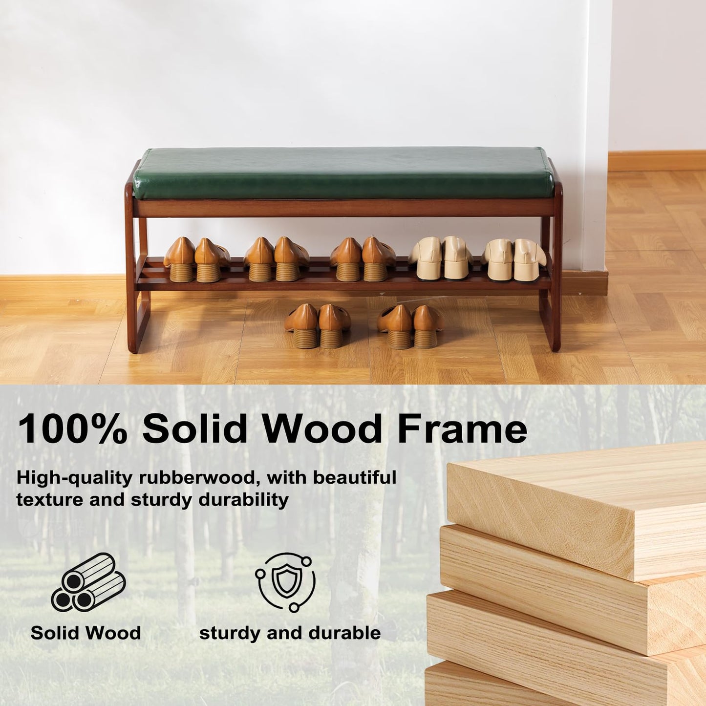 SOBIBO Solid Wood Shoe Bench, 2-Tier Wooden Storage Entryway Bench, Mid-Century Modern Shoe Bench Rack