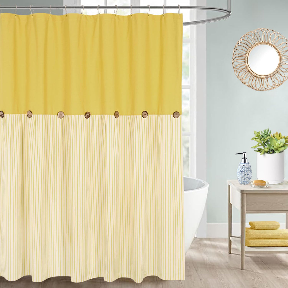 DOSLY ID?ES Farmhouse Shower Curtain, Yellow and Yellow Stripes, Button Curtain, Linen and Cotton, Woven Fabric, Rustic Charm, Country Style, 180 x