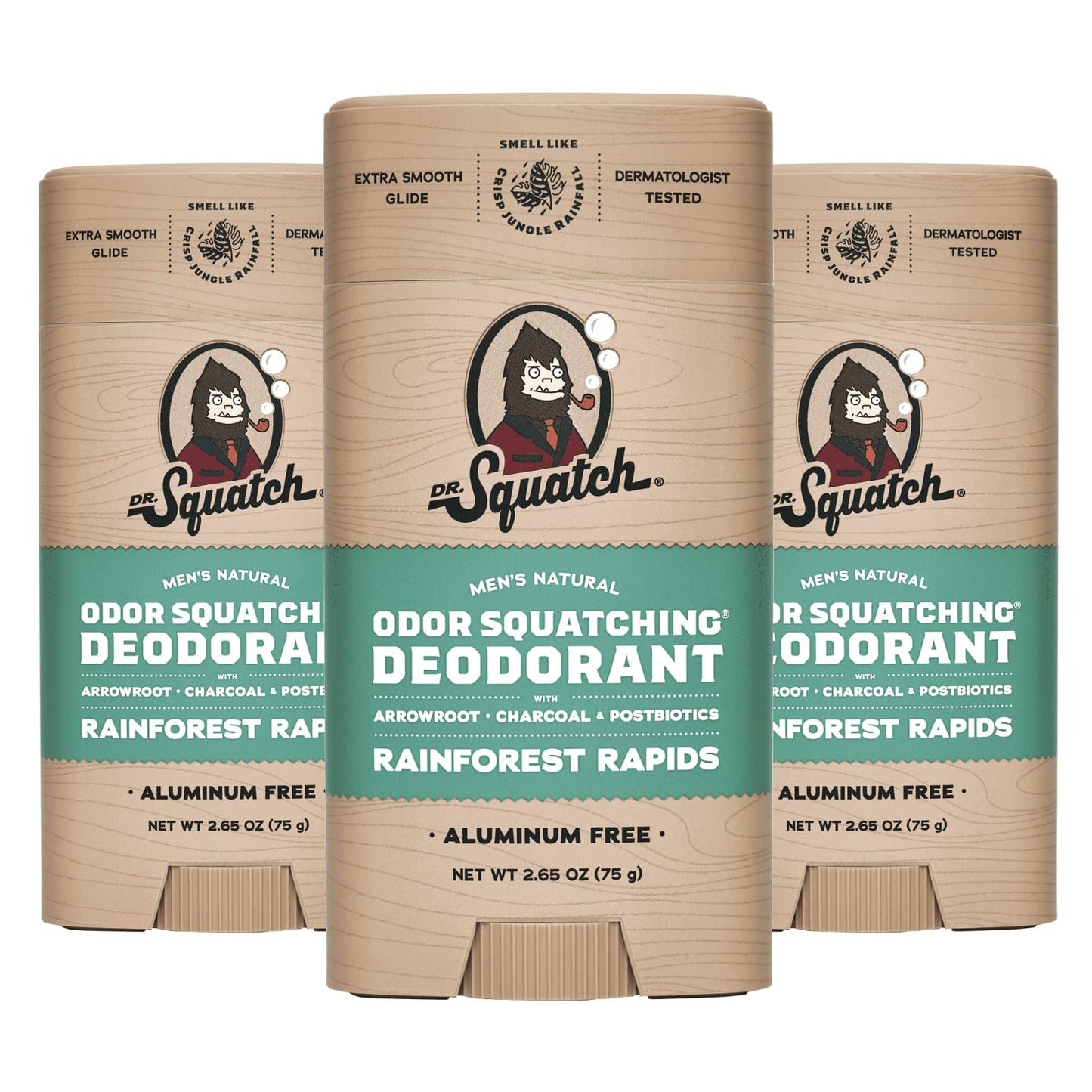 Dr. Squatch Natural Deodorant for Men - Odor-Squatching Aluminium Free - Rainforest Rapids (2.65 oz, 3-Pack)