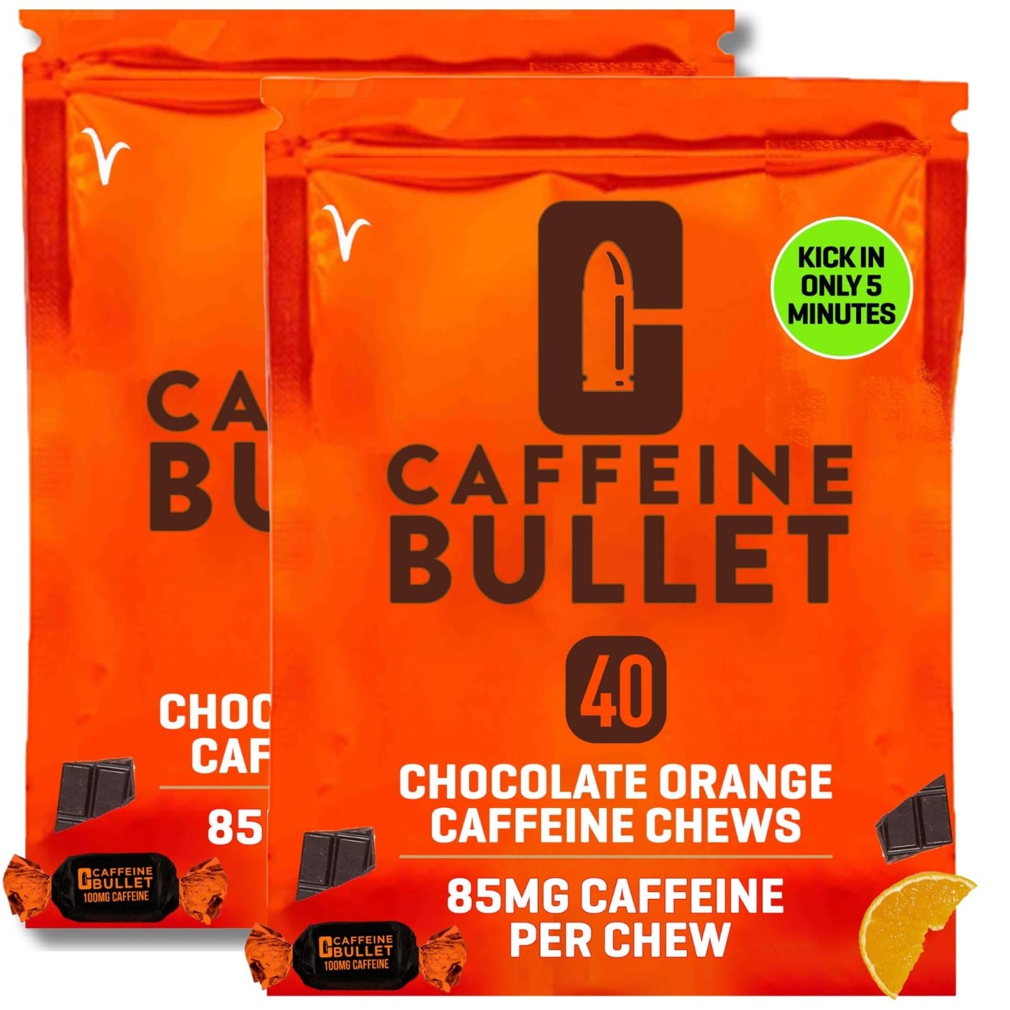 Caffeine Bullet Energy Chews - Chocolate Orange. 80 * 85mg - Faster Kick Than Pills, Gels and Gum. Sport Science for Running, Cycling, Gaming & A Pre