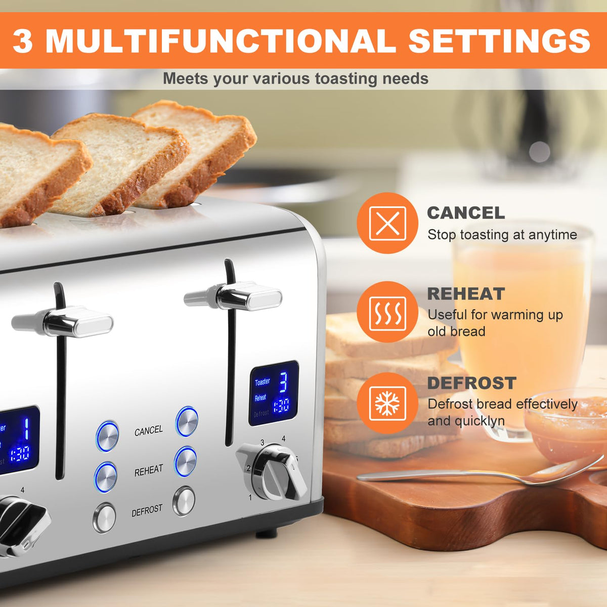 Toaster 4 Slices, Cusimax Stainless Steel Toaster with Ultra-Clear LED Display & 4 Extra-Wide Slots, Defrost/Reheat/Cancel Function, 6 Browning
