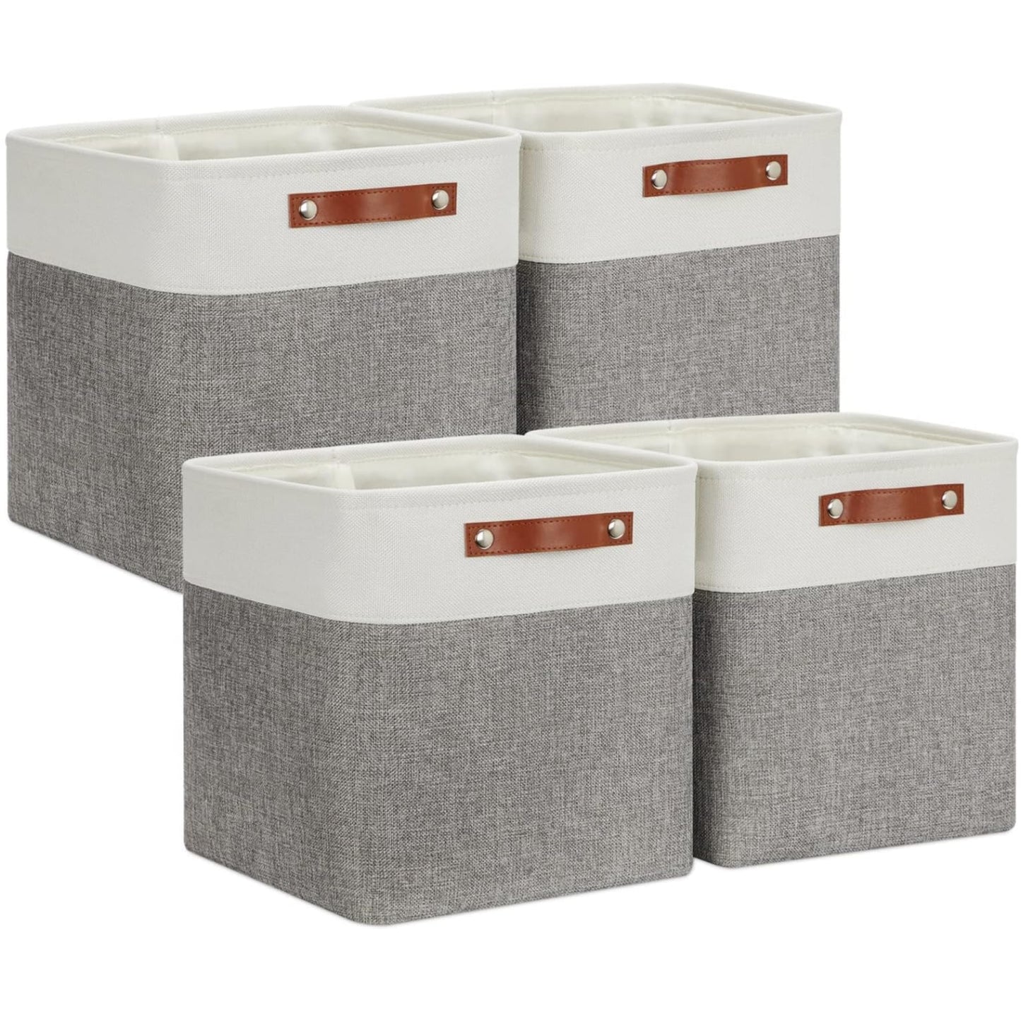 VIIHTYISA Fabric Storage Box, 4-Piece Set 25x25x25cm Cube Storage Boxes with Faux Leather Handle for Cube Shelves, Closet, Wardrobes | Grey & White