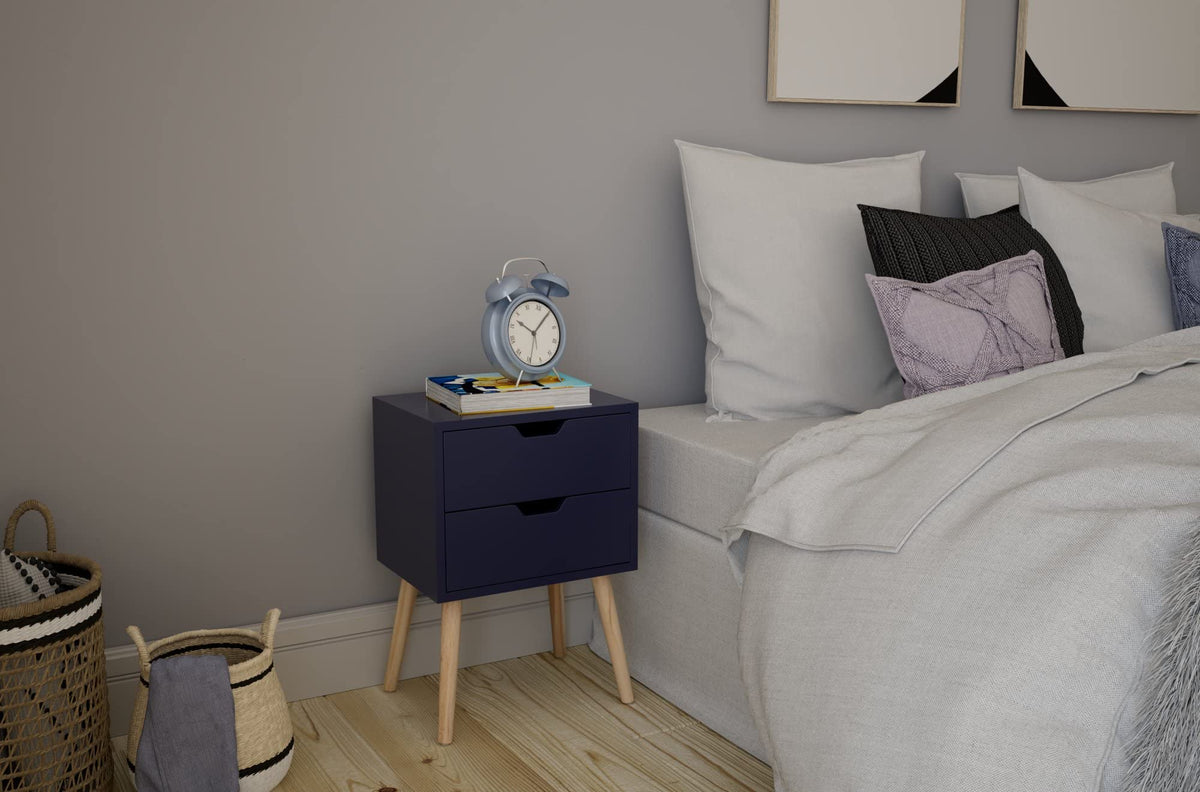 GFW Nyborg Scandinavian Style 2 Drawer Bedside Cabinet with Pine Wooden Legs,30D x 40W x 56H cm, Wood, Nightshadow Blue, 40 x 56 x 30 cm